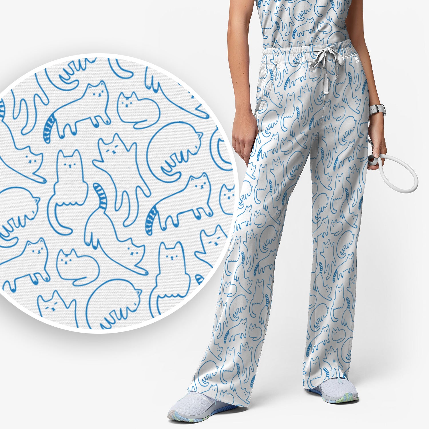 Artistic Cat Pattern Medical Scrub Set, Breathable Fabrics Nursing Uniform