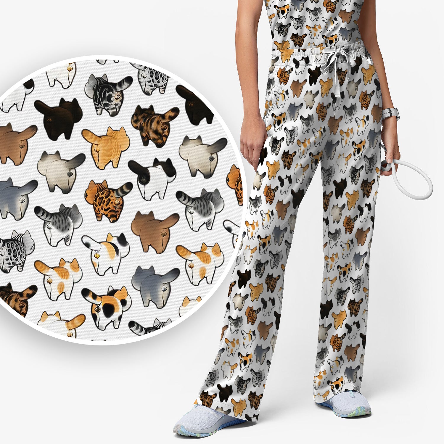 Cat Butt Pattern Medical Scrub Set, Breathable Fabrics Nursing Uniform