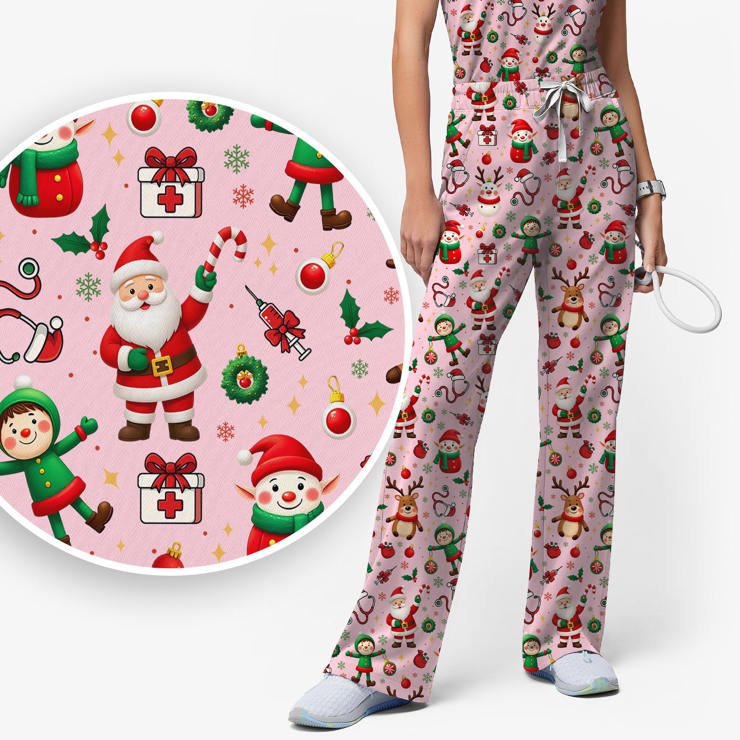 Santa Christmas Scrub Set - Cute Reindeer Scrubs Pants and V Neck Top - Festive Holiday Med Uniform for Women