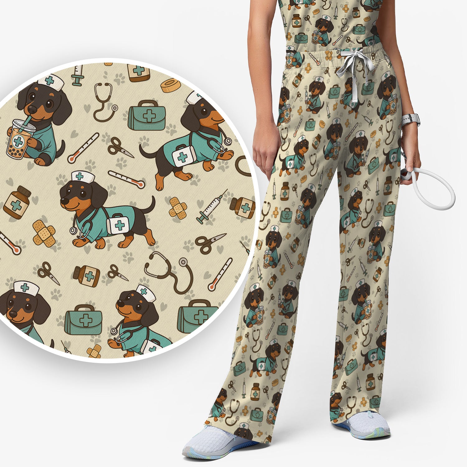 Funny Dachshund Nurse Scrubs Set - Cute Dog Print Medical Shirt - Holiday Nurse Scrub Top Gift for RN CNA Doctor, Women & Men