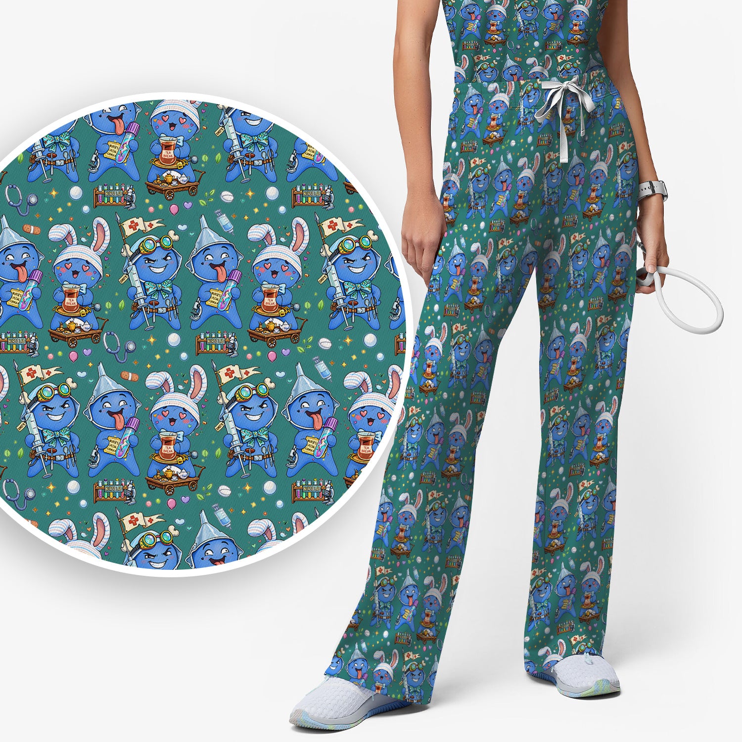 Cute Glove Doll Hospital Medical Cartoon Nurse Pattern Scrub Set, Women's Scrub Sets
