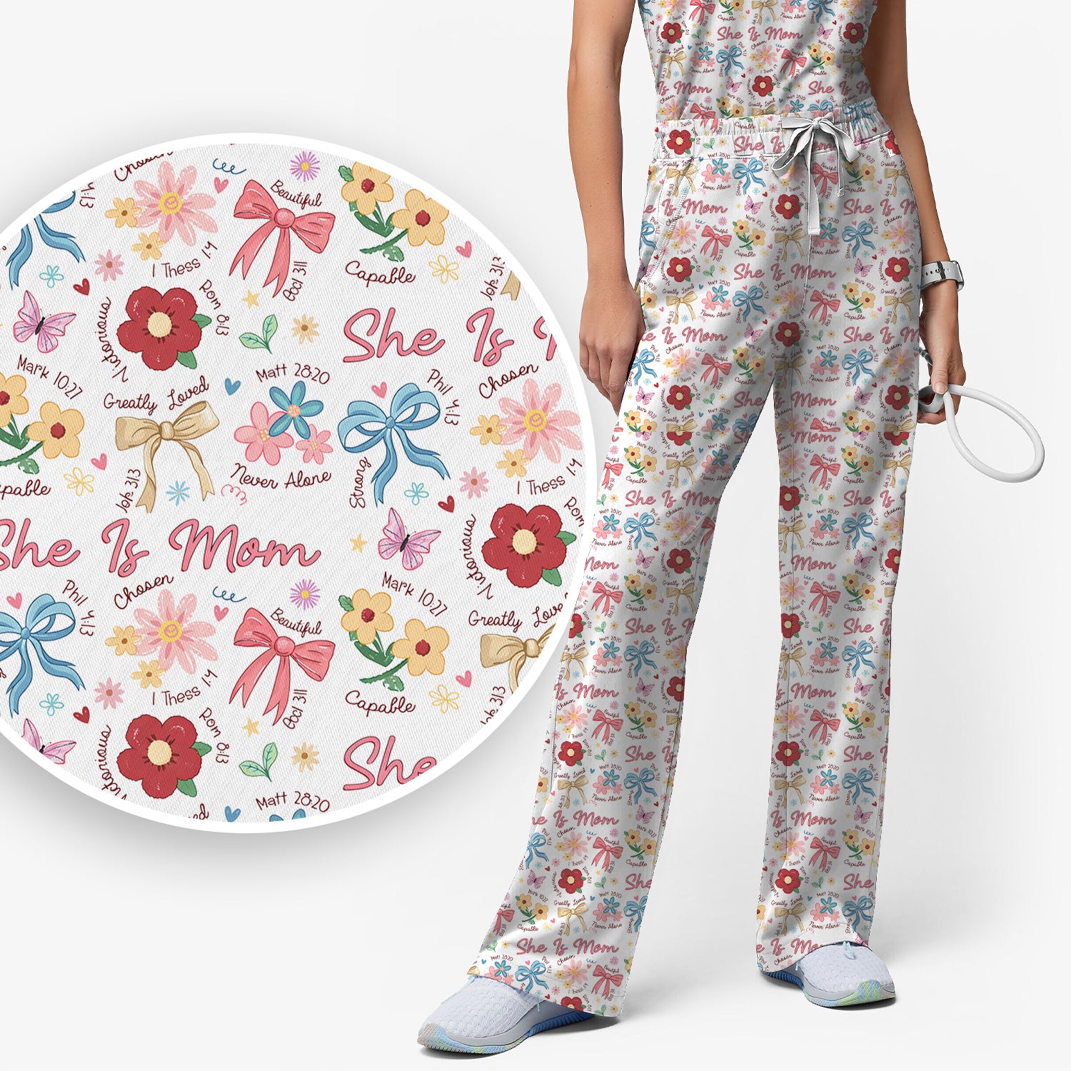 She Is Mom Flower Bow Pattern Scrub Set, Scrub Pants and V Neck Top