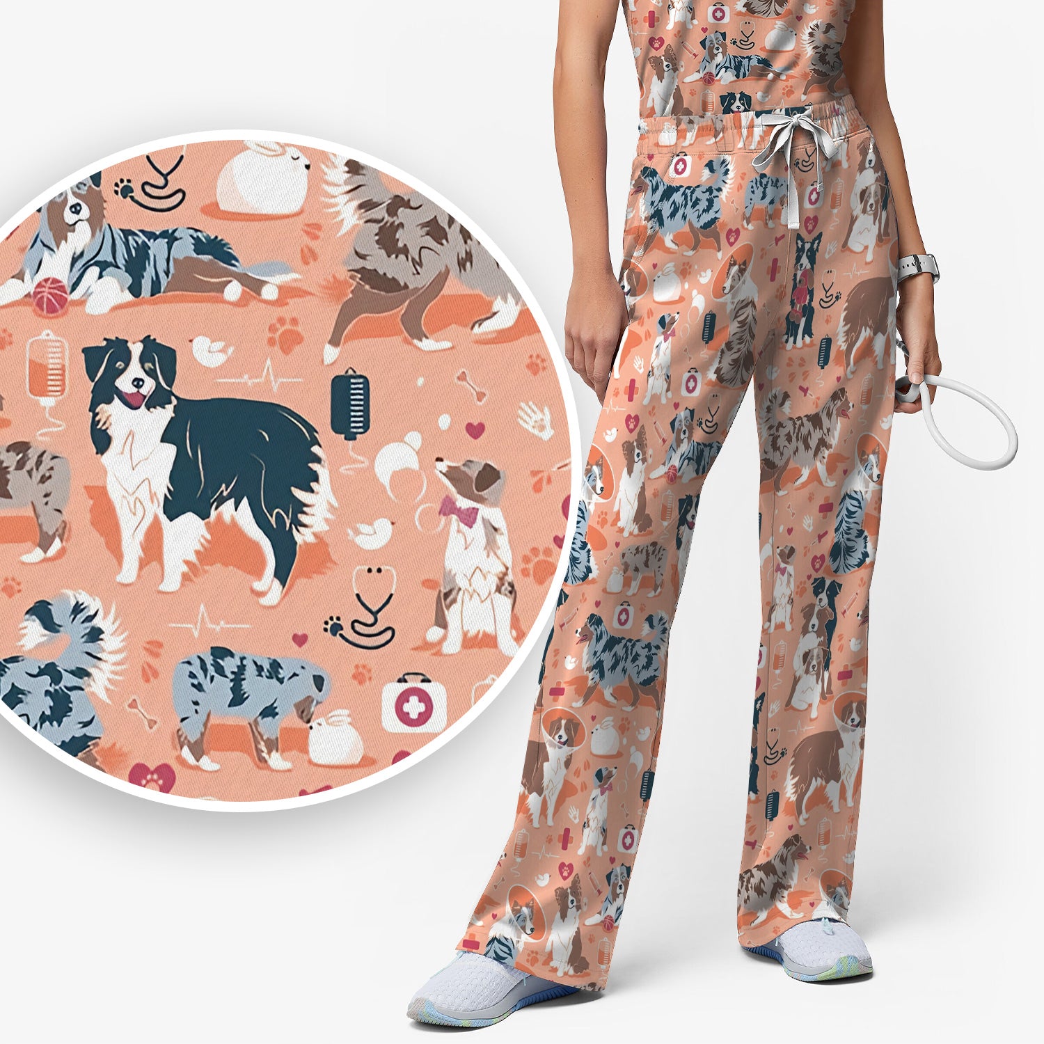 Cute Dog Pattern Women's Veterinary Scrub Set, Scrub Pants and V Neck Top