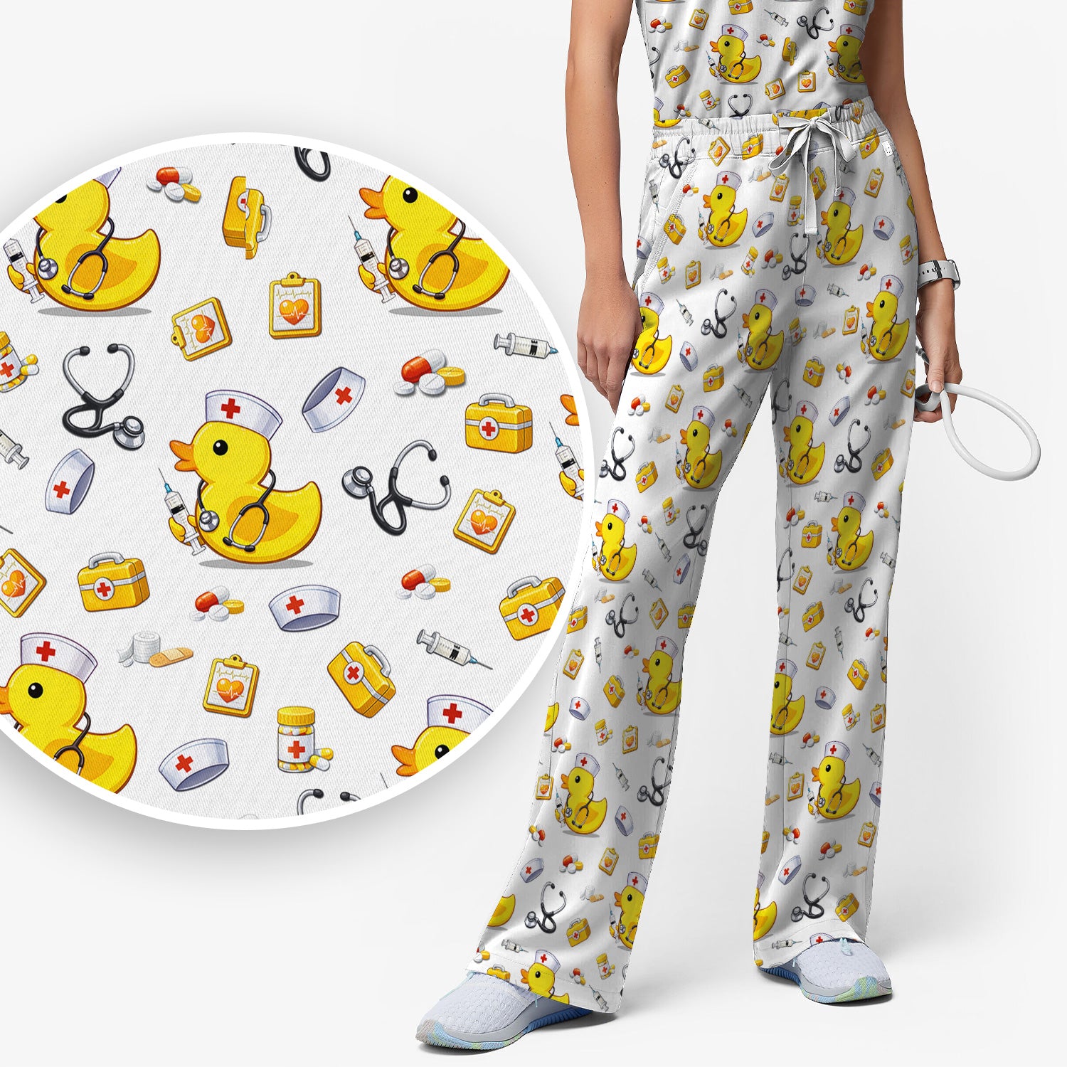 Playful Medical Duck Print Women's Scrub Set, Breathable Med Uniform