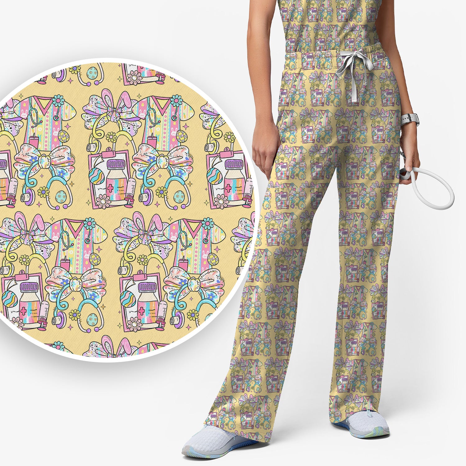 Colorful Nurse Scrub Supplies Pattern Scrub Set, Scrub Pants and V Neck Top