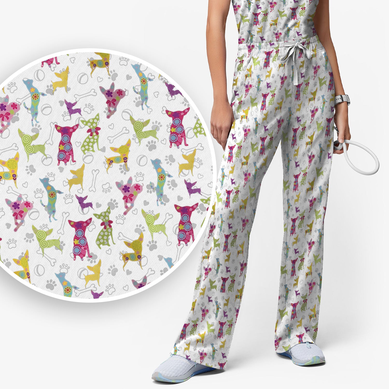 Colorful Playful Dog Print Nurse Scrub Set, Scrub Pants and V Neck Top