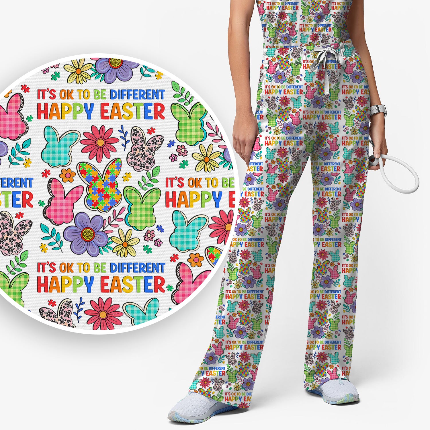 Happy Easter Bunny Floral Print Scrub Set, Breathable Med Uniform