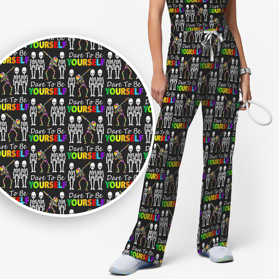 Rainbow Skeleton Dare To Be Yourself Pattern Scrub Sets, Scrub Pants and V Neck Top