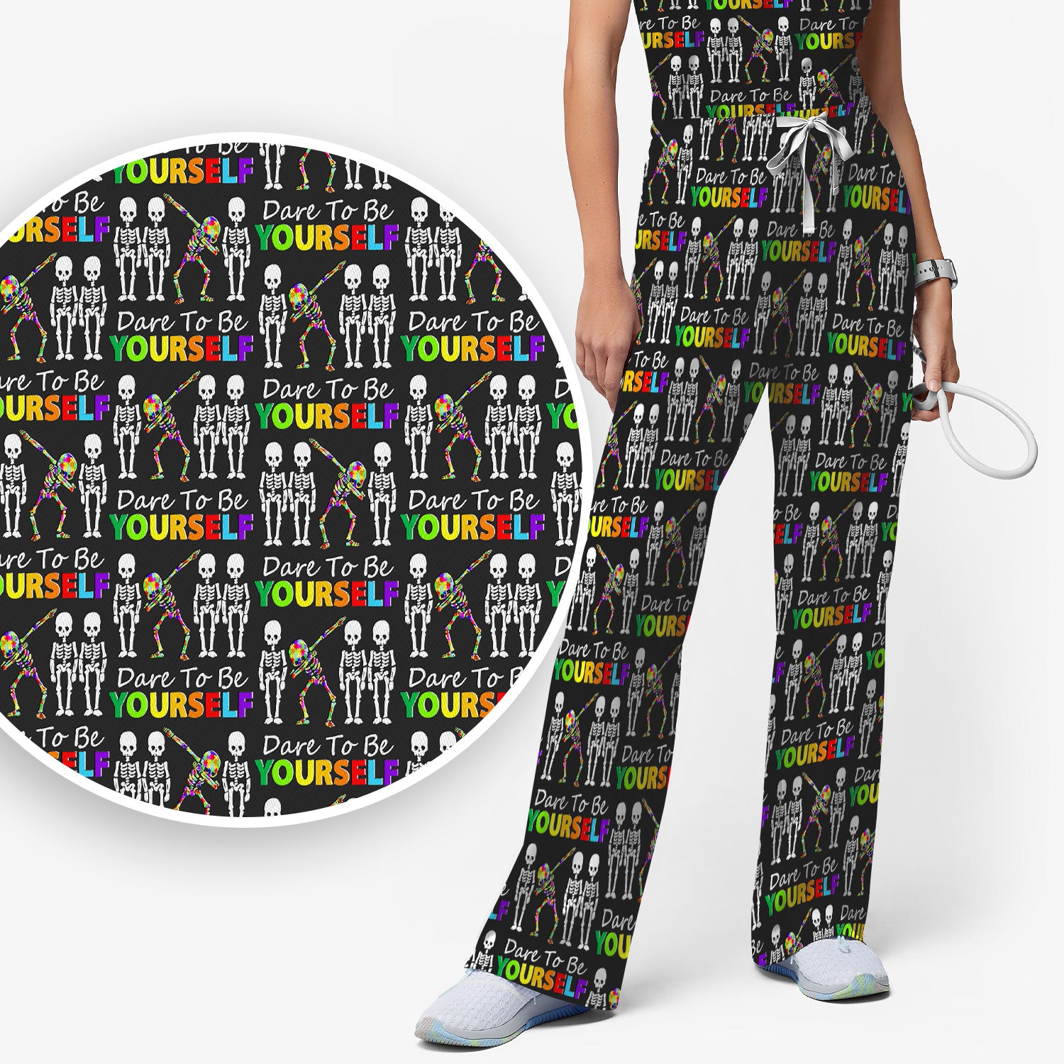 Rainbow Skeleton Dare To Be Yourself Pattern Scrub Sets, Scrub Pants and V Neck Top