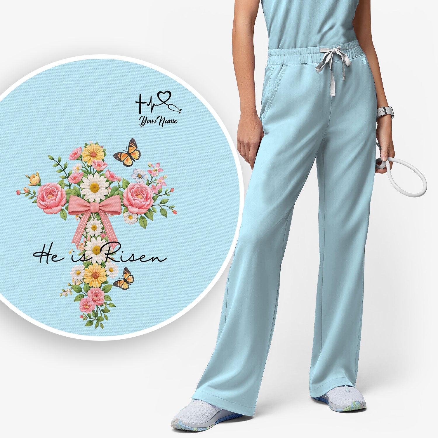 Personalized Meaningful Easter Nurse He Is Risen Floral Cross Bow Pattern Scrub Set, Women's Scrub Sets