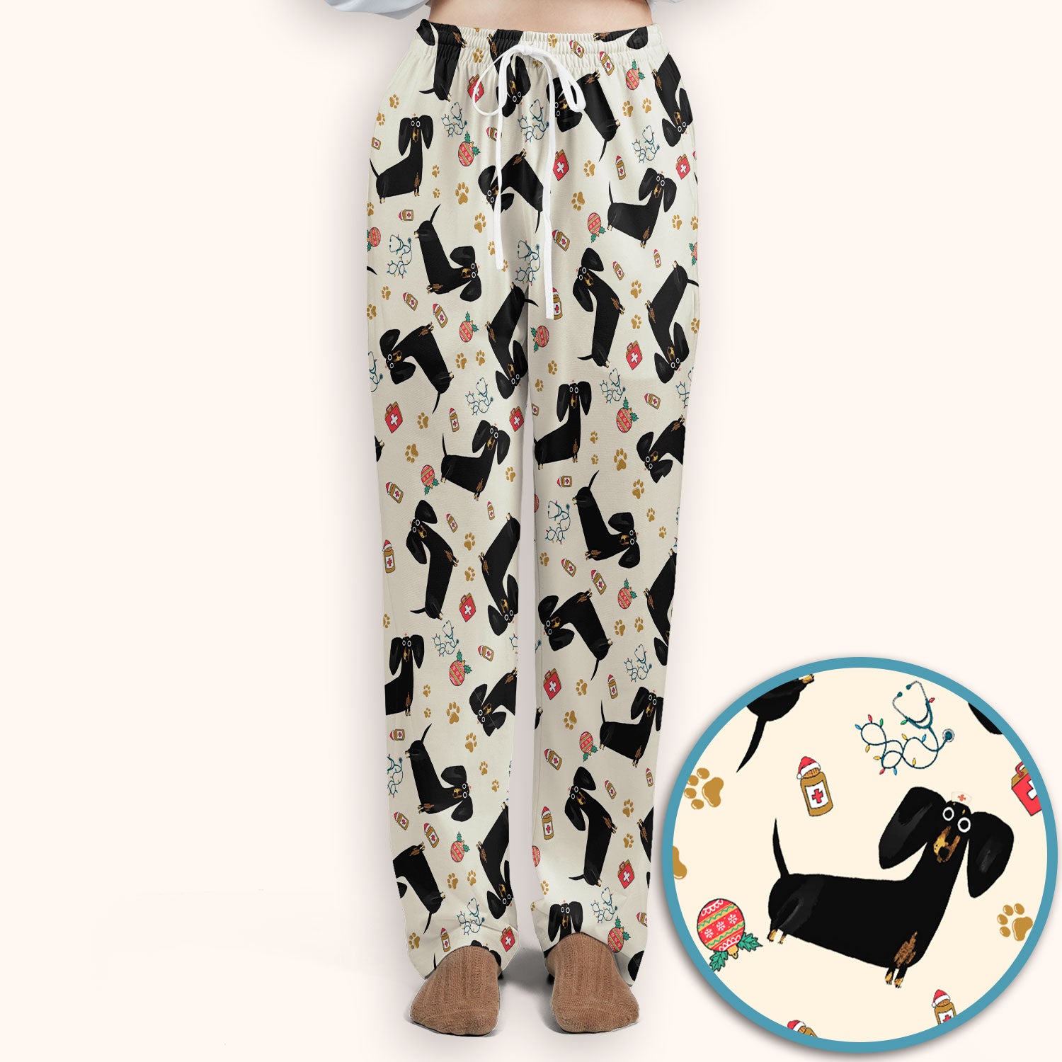 Funny Black Dachshund Scrub Set for Nurses - Cute Wiener Dog Scrubs Pants and V Neck Top - Puppy Lover Nursing Gift for Women