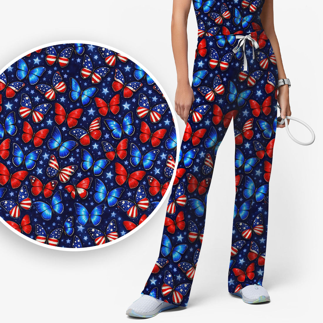 Patriotic Butterfly Stars Pattern Scrubs Sets, Scrub Pants and V Neck Top