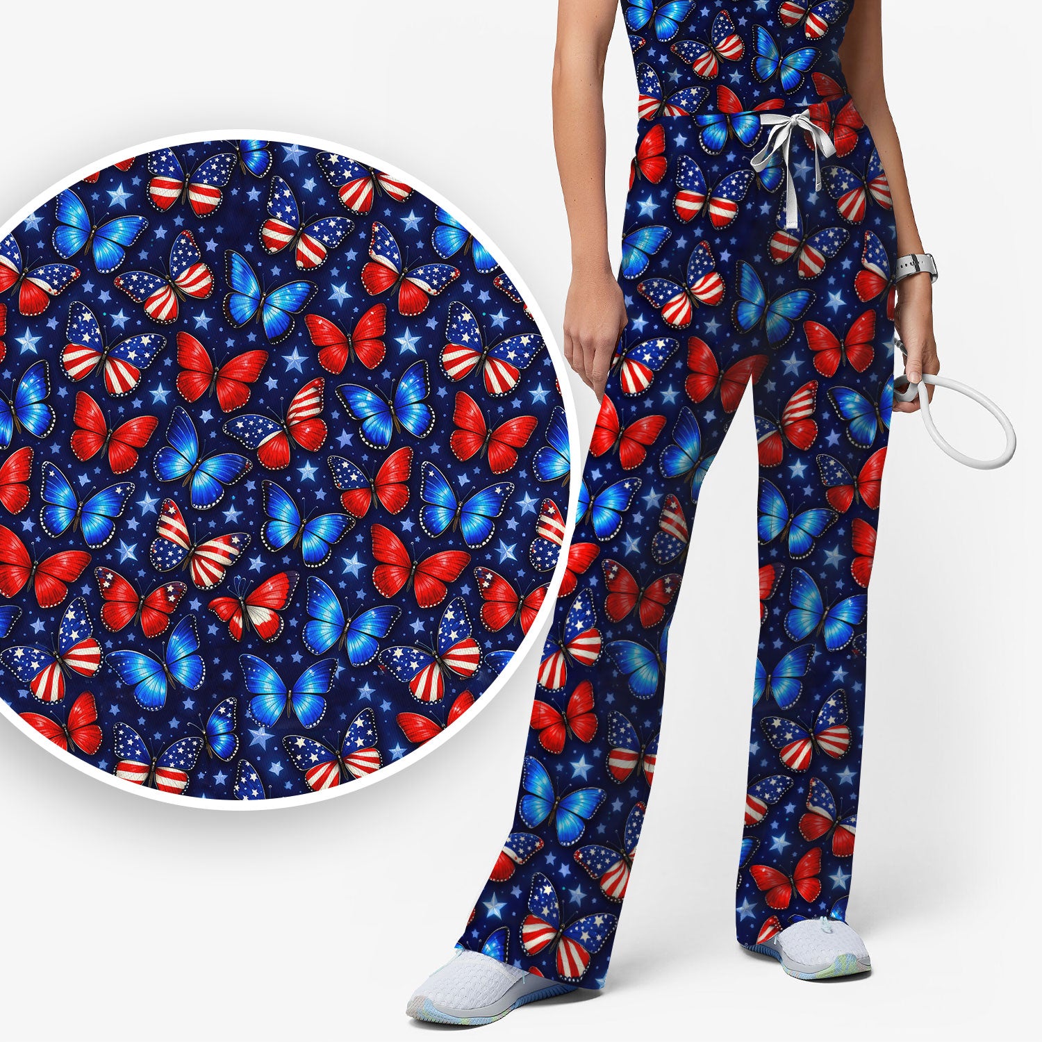 Patriotic Butterfly Stars Pattern Scrubs Sets, Scrub Pants and V Neck Top