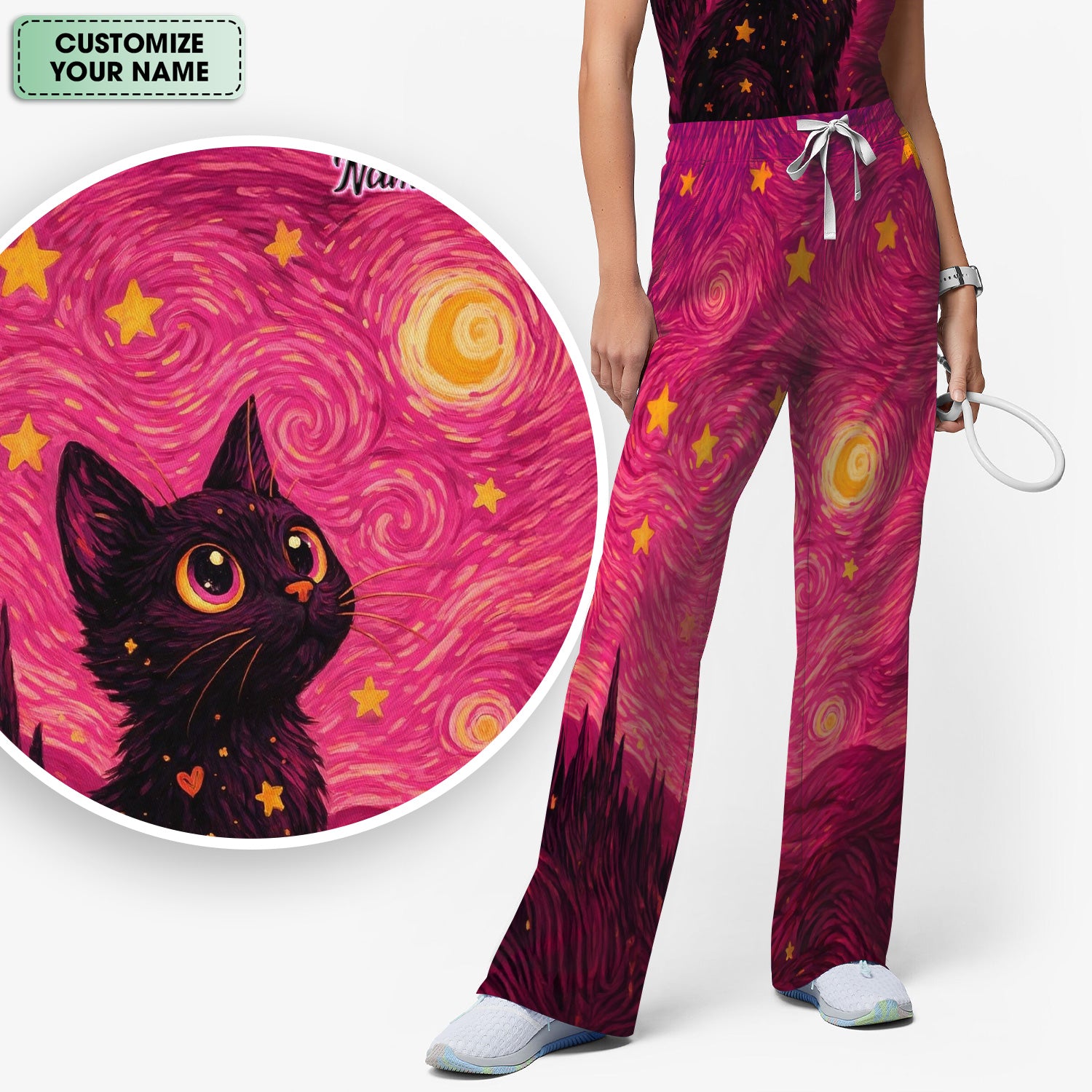 Personalized Black Cat Galaxy Star Swirl Pattern Scrub Set, Scrub Pants and V Neck Top