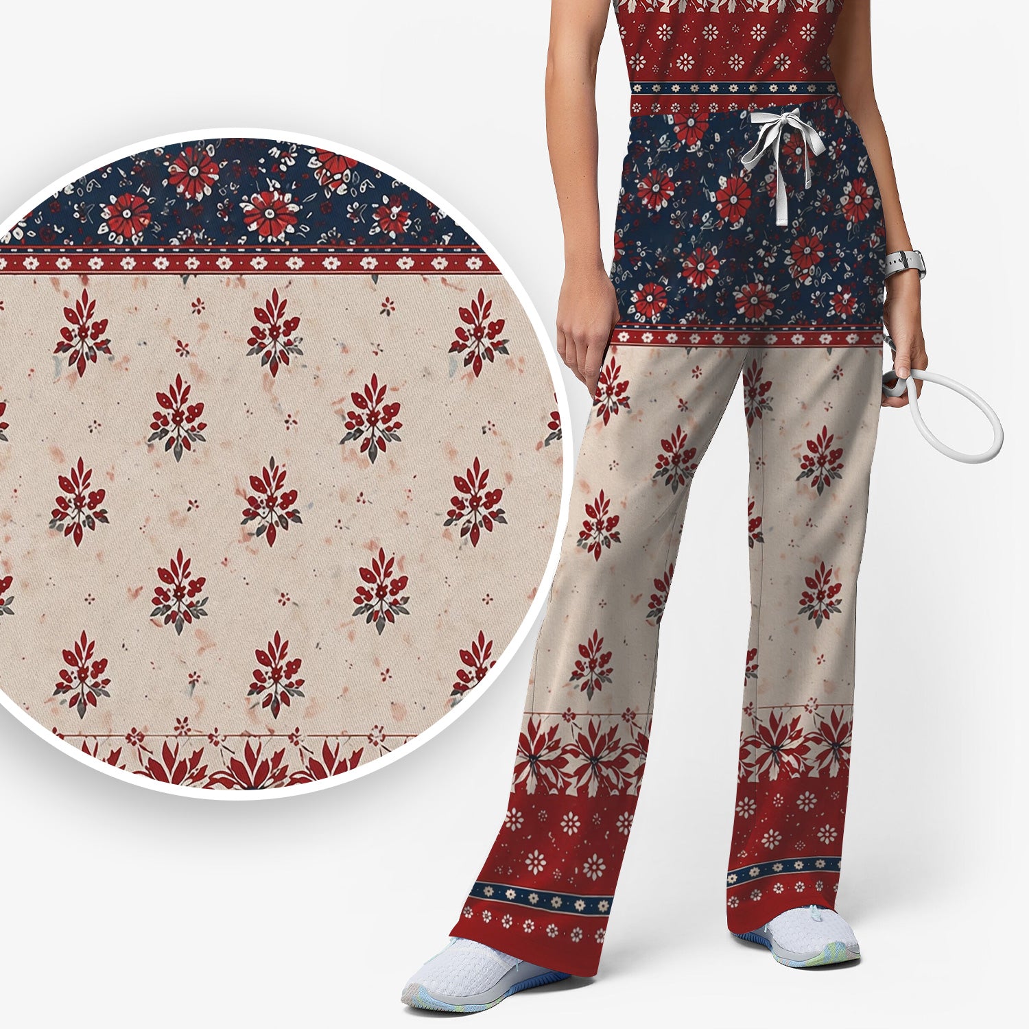 Vintage Floral Border Red Blue Pattern Scrub Set, Scrub Pants and V Neck Top