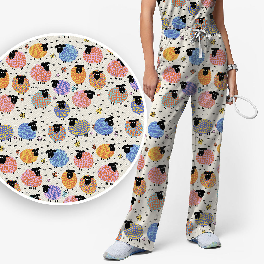 Adorable Colorful Sheep Pattern Scrubs Sets, Breathable Med Uniform
