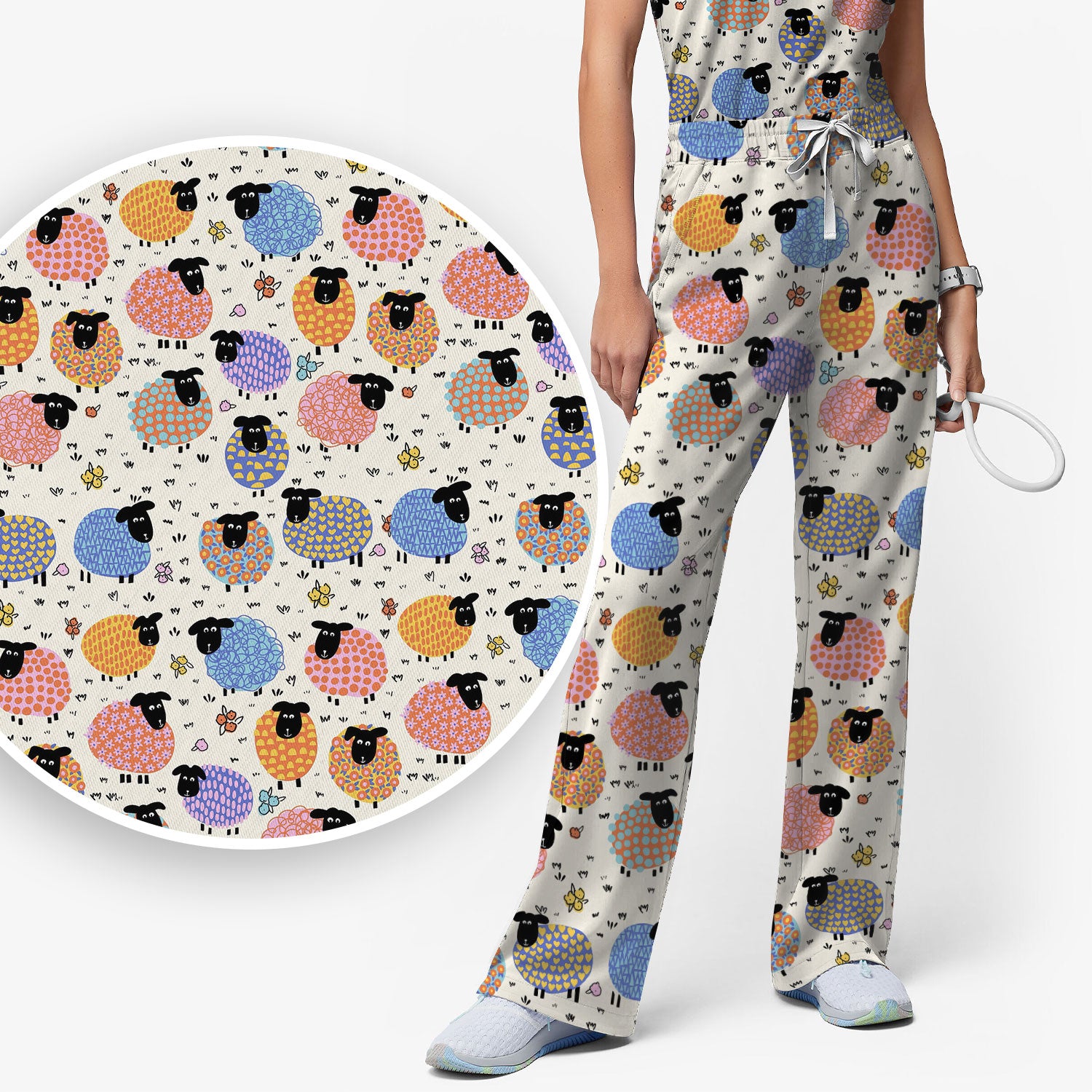 Adorable Colorful Sheep Pattern Scrubs Sets, Breathable Med Uniform