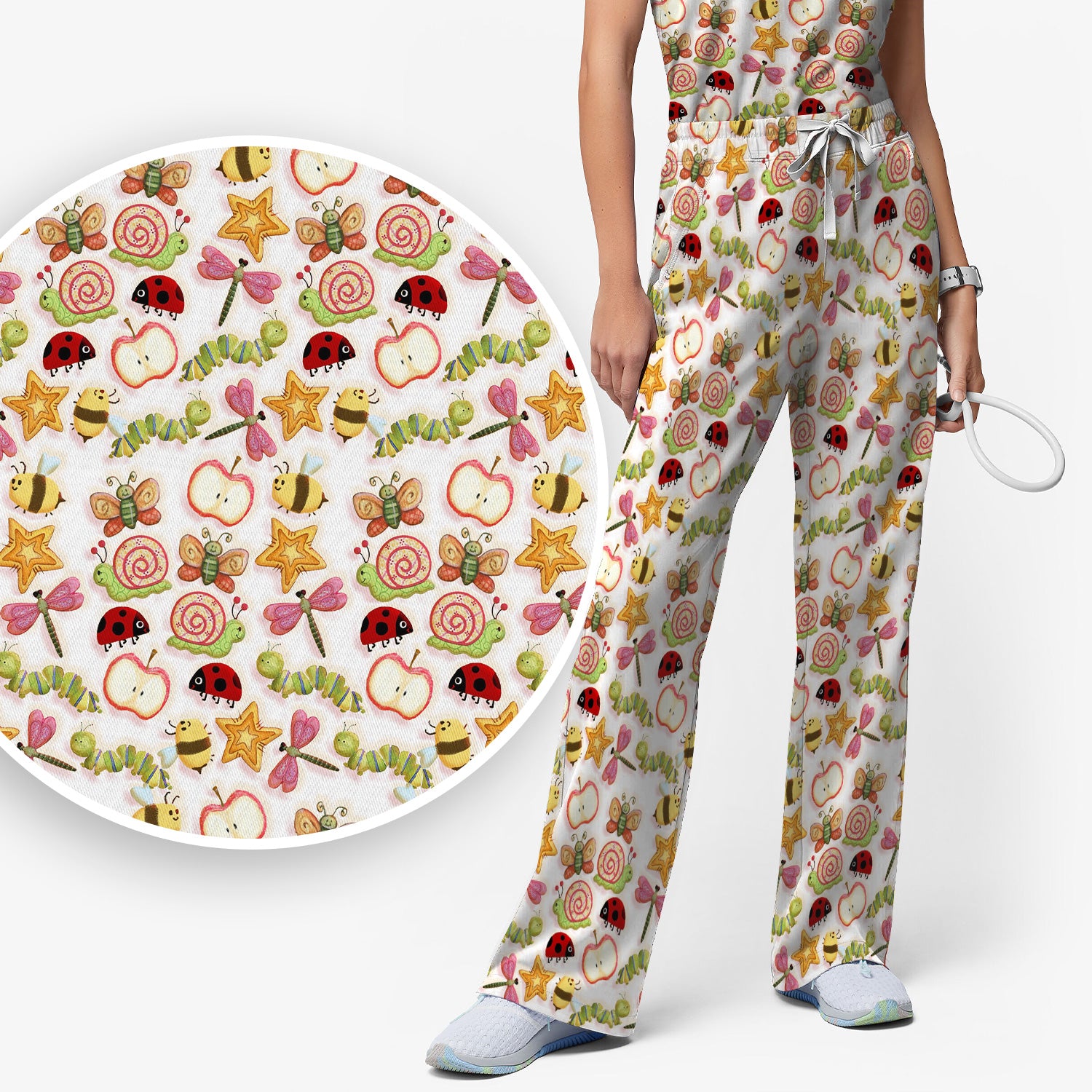 Cute Nurse Snail Ladybug Caterpillar Apple Garden Pattern Scrub Set, Breathable Med Uniform