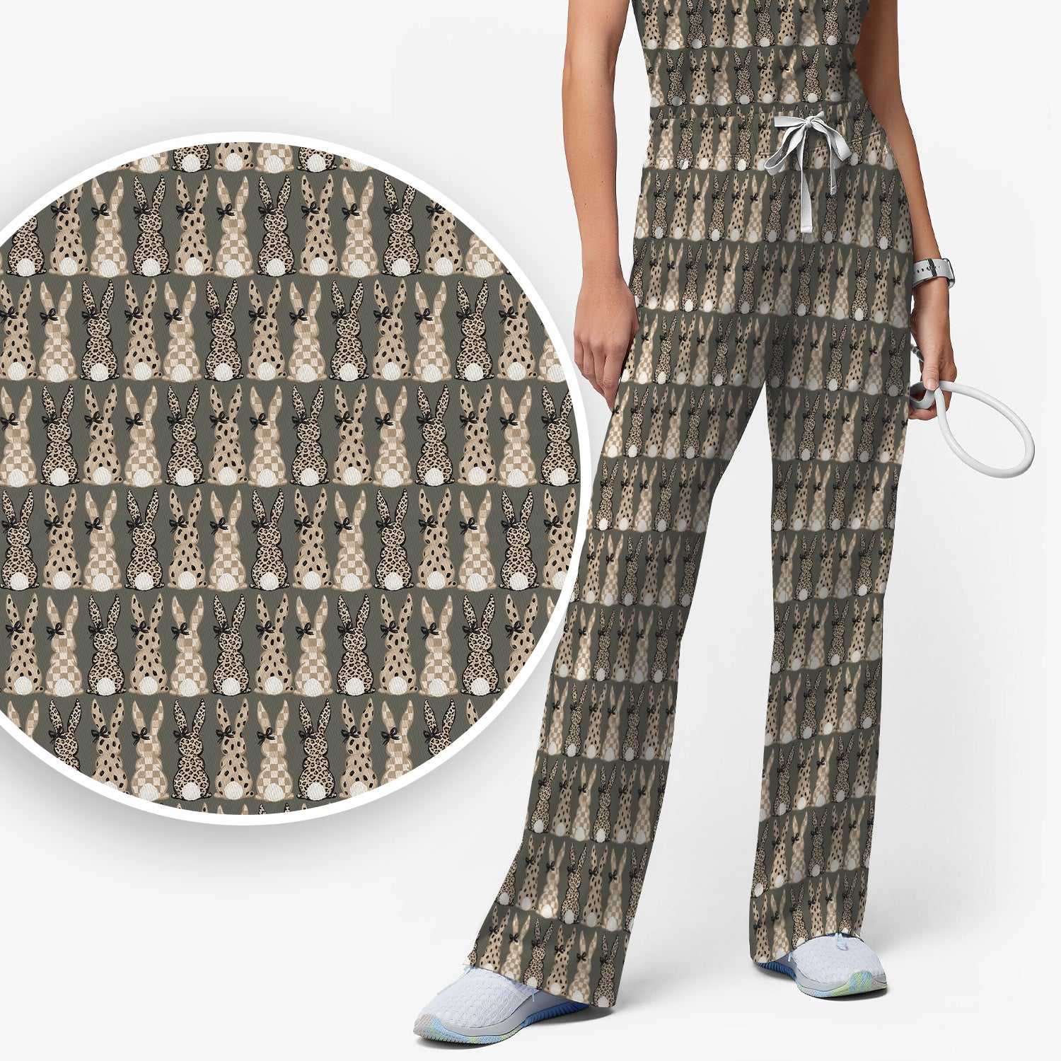 Vintage Bunny Pattern Beige Scrub Set, Scrub Pants and V Neck Top