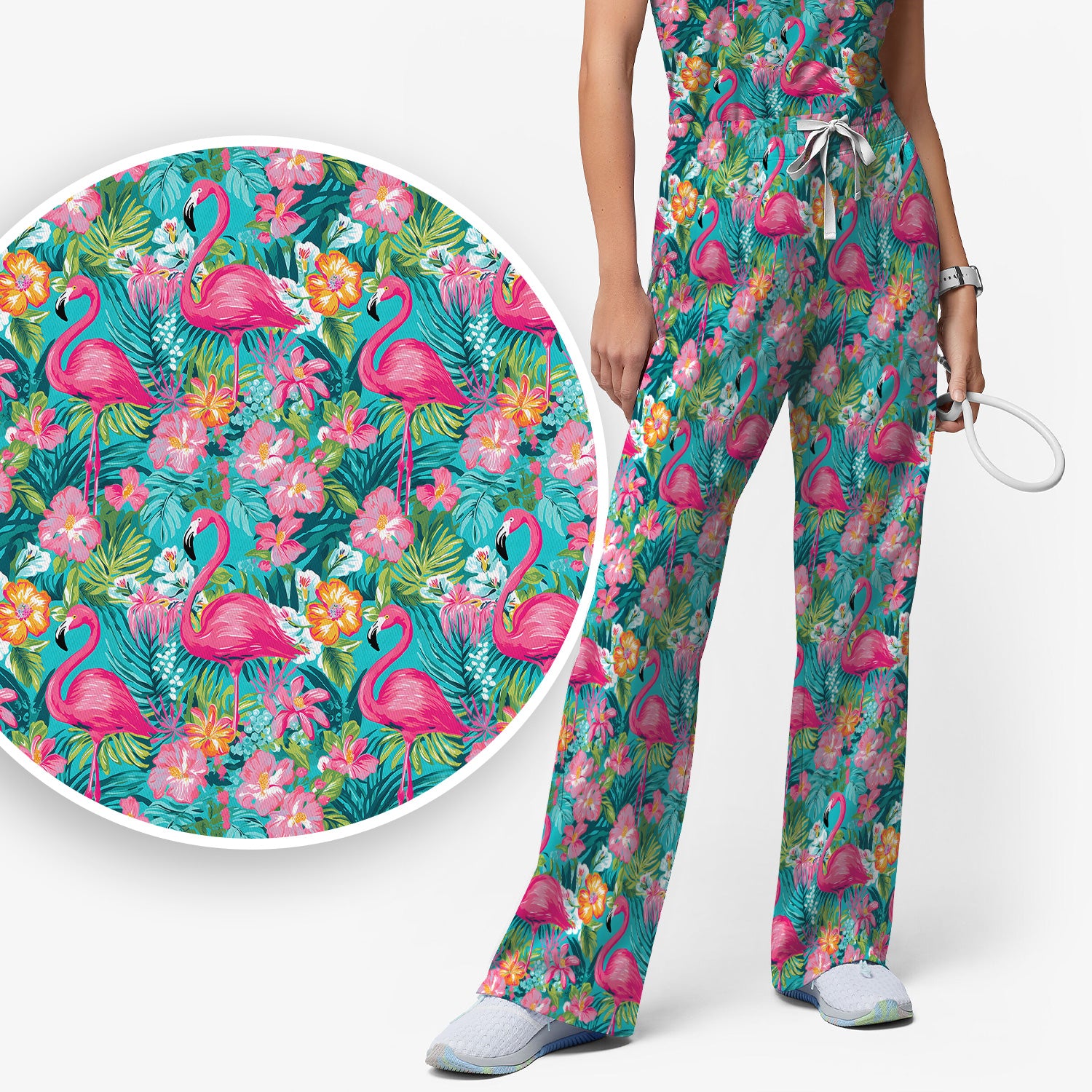 Tropical Flamingo Floral Pattern Scrub Set, Scrub Pants and V Neck Top