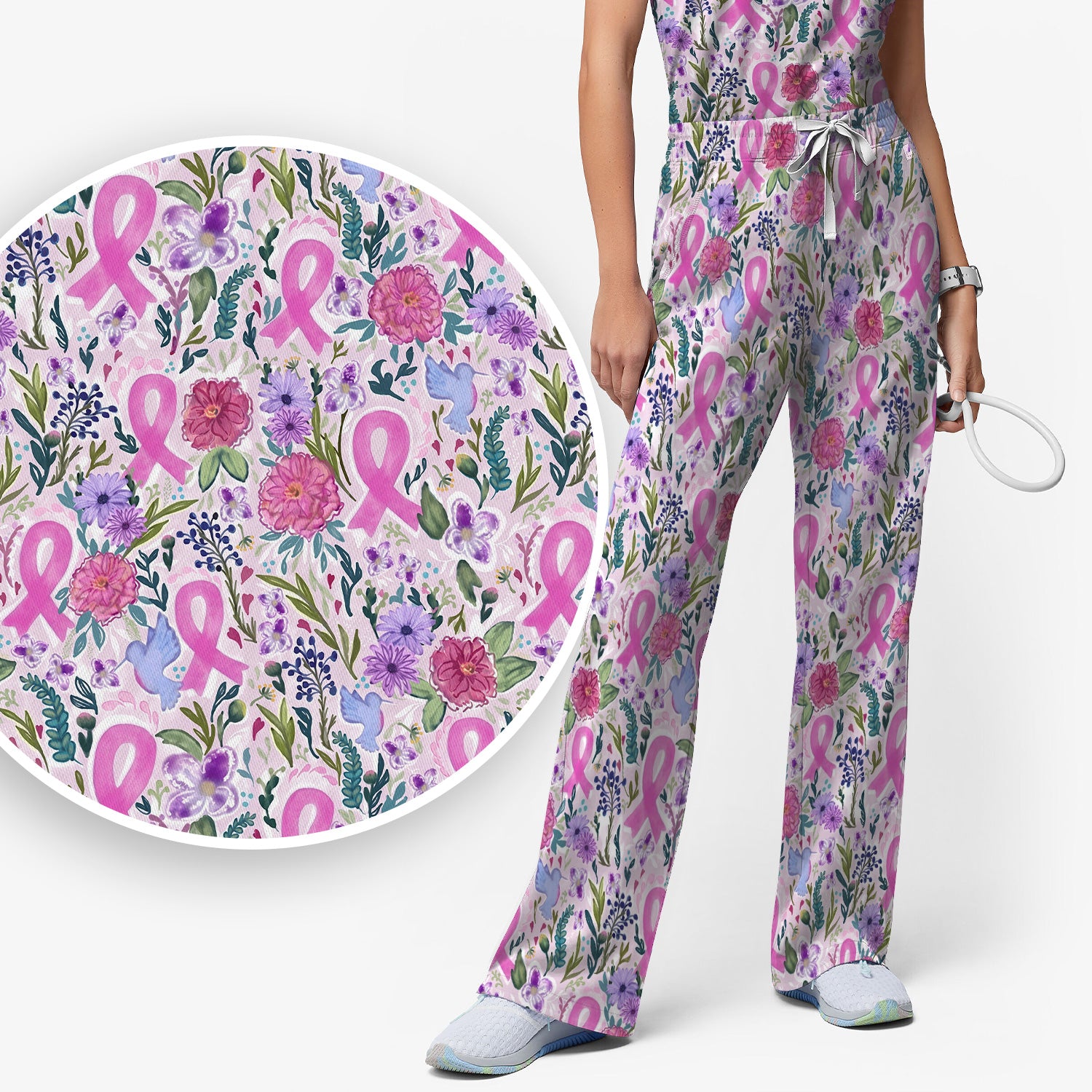 Floral Pink Ribbon Print Scrub Set, Scrub Pants and V Neck Top