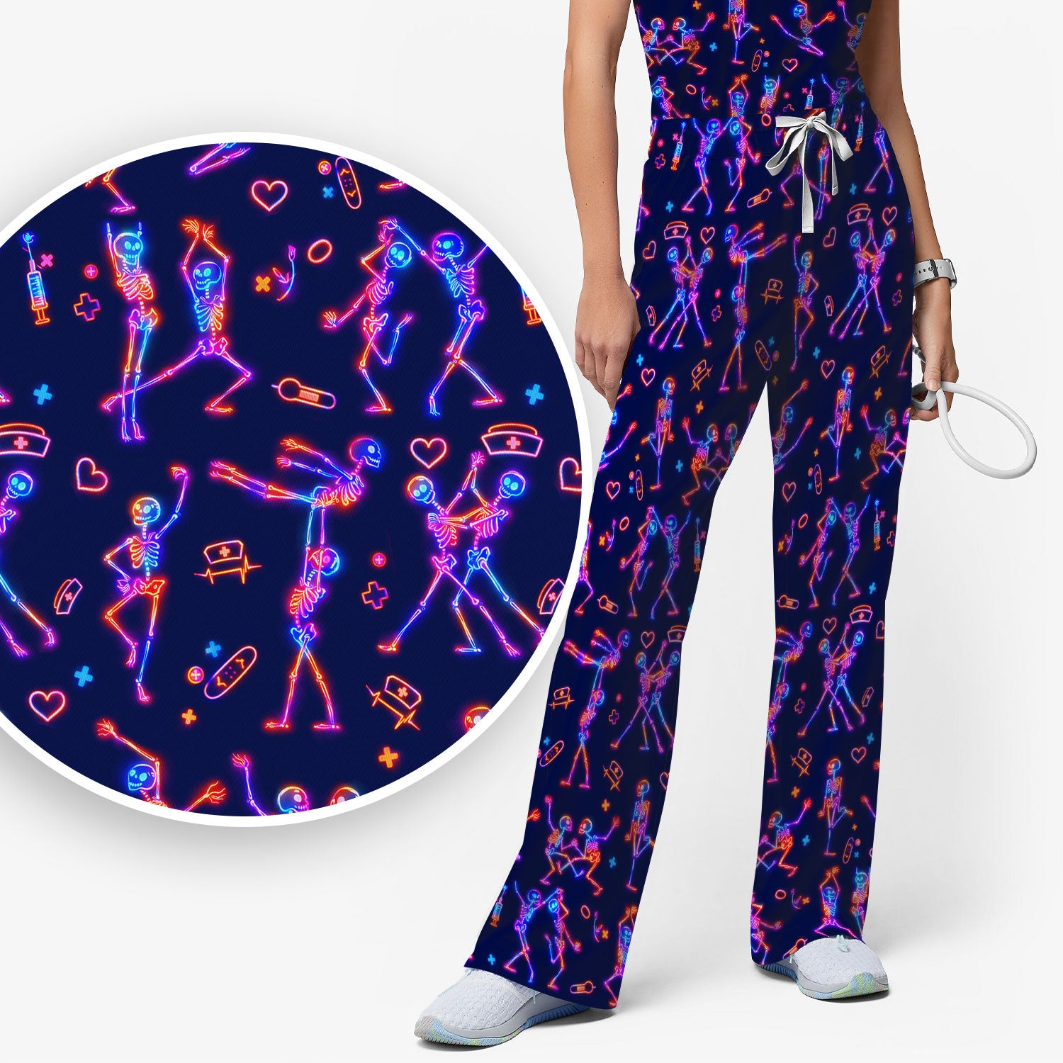 Neon Dancing Skeleton Medical Pattern Set, Scrub Pants and V Neck Top