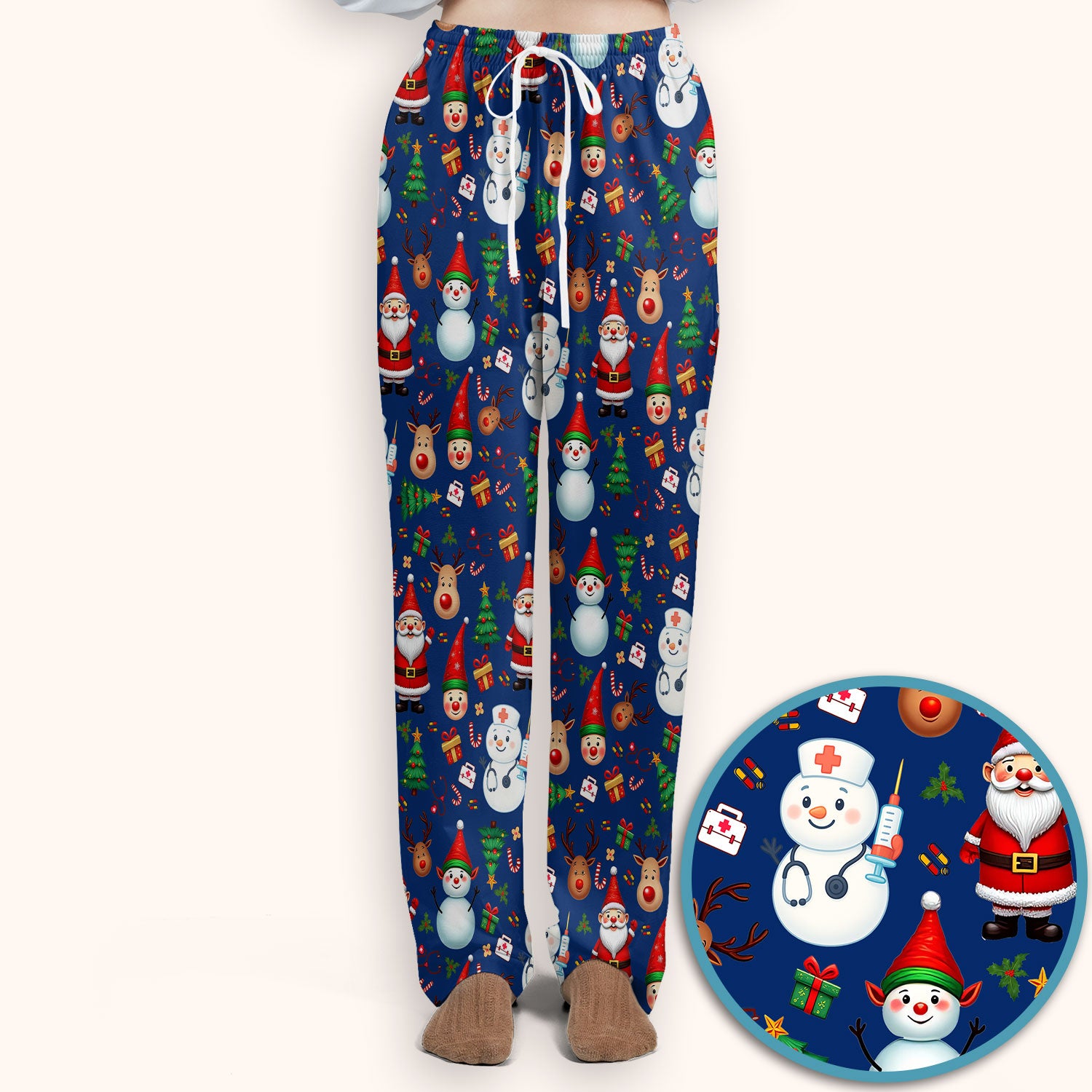 Christmas Nurse Scrub Set - Cute Snowman Santa Reindeer Pattern Medical Uniform - Festive Holiday Scrubs Pants and V Neck Top