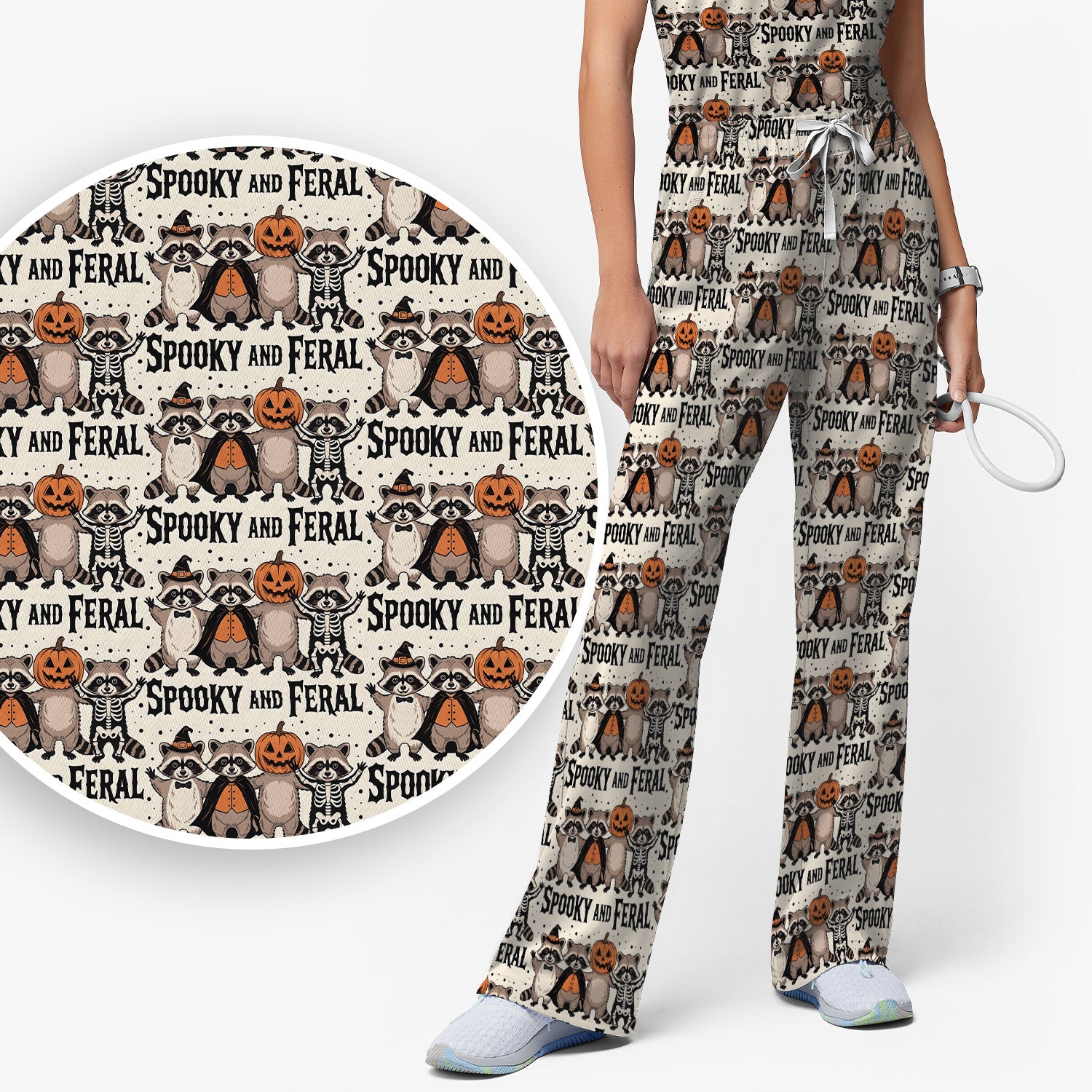 Spooky and Feral Raccoon Print Scrub Set, Scrub Pants and V Neck Top