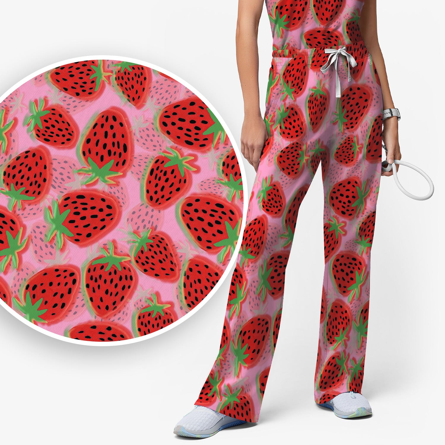Pink Strawberry Pattern Scrub Set, Scrub Pants and V Neck Top