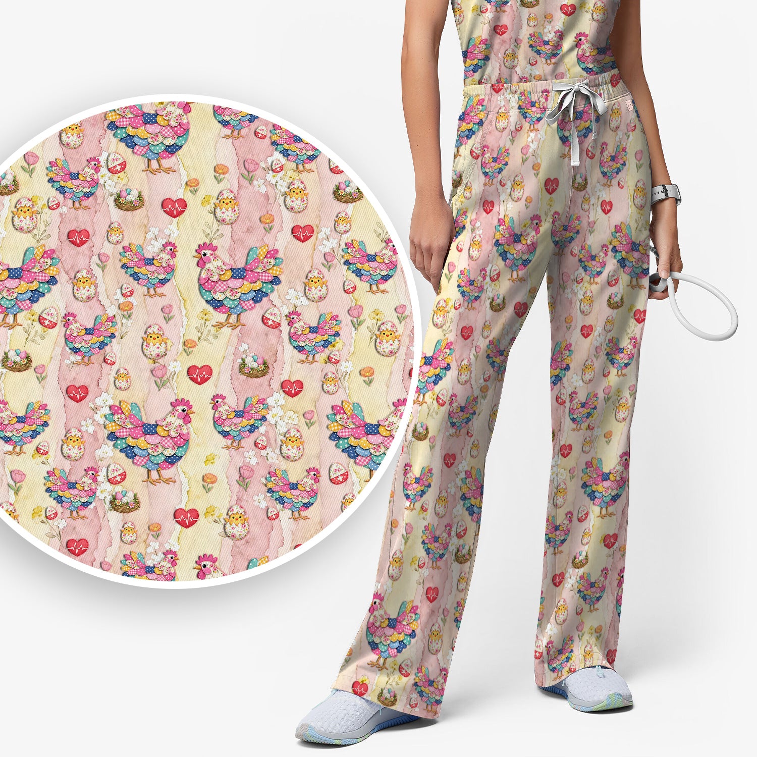 Colorful Chicken Easter Eggs Heart Pattern Scrub Sets, Breathable Med Uniform