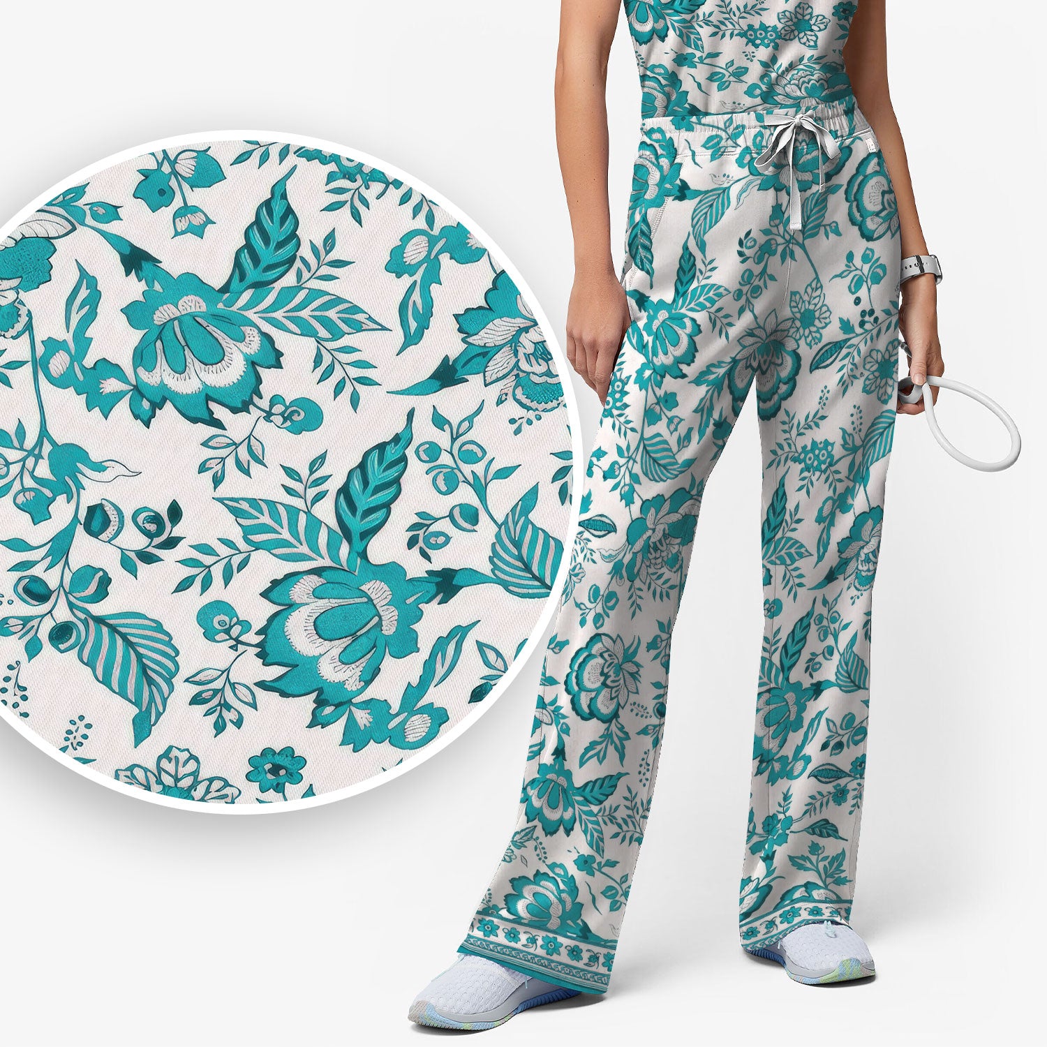 Toile De Jouy Scrub Set For Women, Floral Pattern Nurse Shirt, Comfortable Scrubs For Nursing