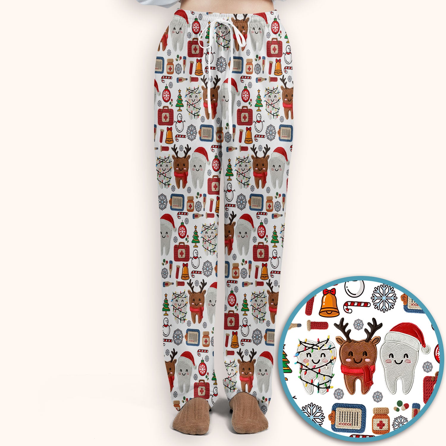 Christmas Dental Scrub Set - Cute Santa & Reindeer Tooth Pants and V Neck Top - Funny Gift for Dentists, Hygienists, Nurses