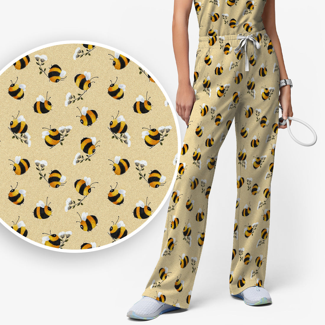 Cute Bumble Bee Blossom Pattern Scrub Set, Scrub Pants and V Neck Top