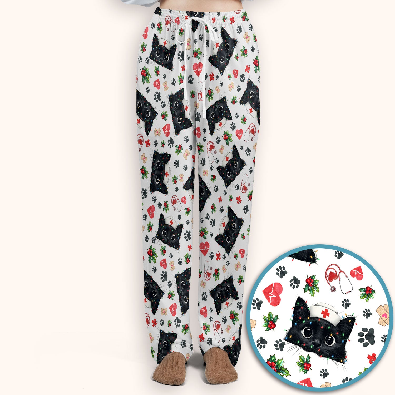 Black Cats Comfortable Scrubs for Nurses - Cute Kittens Christmas Scrubs Pants and V Neck Top - Breathable Med Uniform Gift for Women