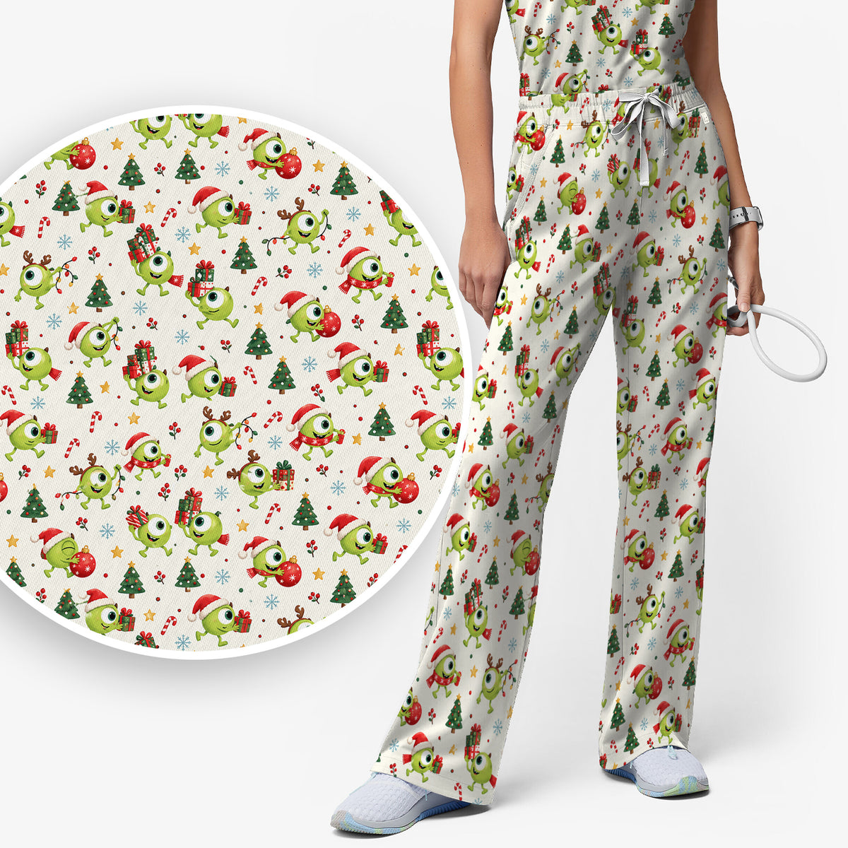 Christmas One Eyed Green Monsters Scrub Set, Scrub Pants and V Neck Top