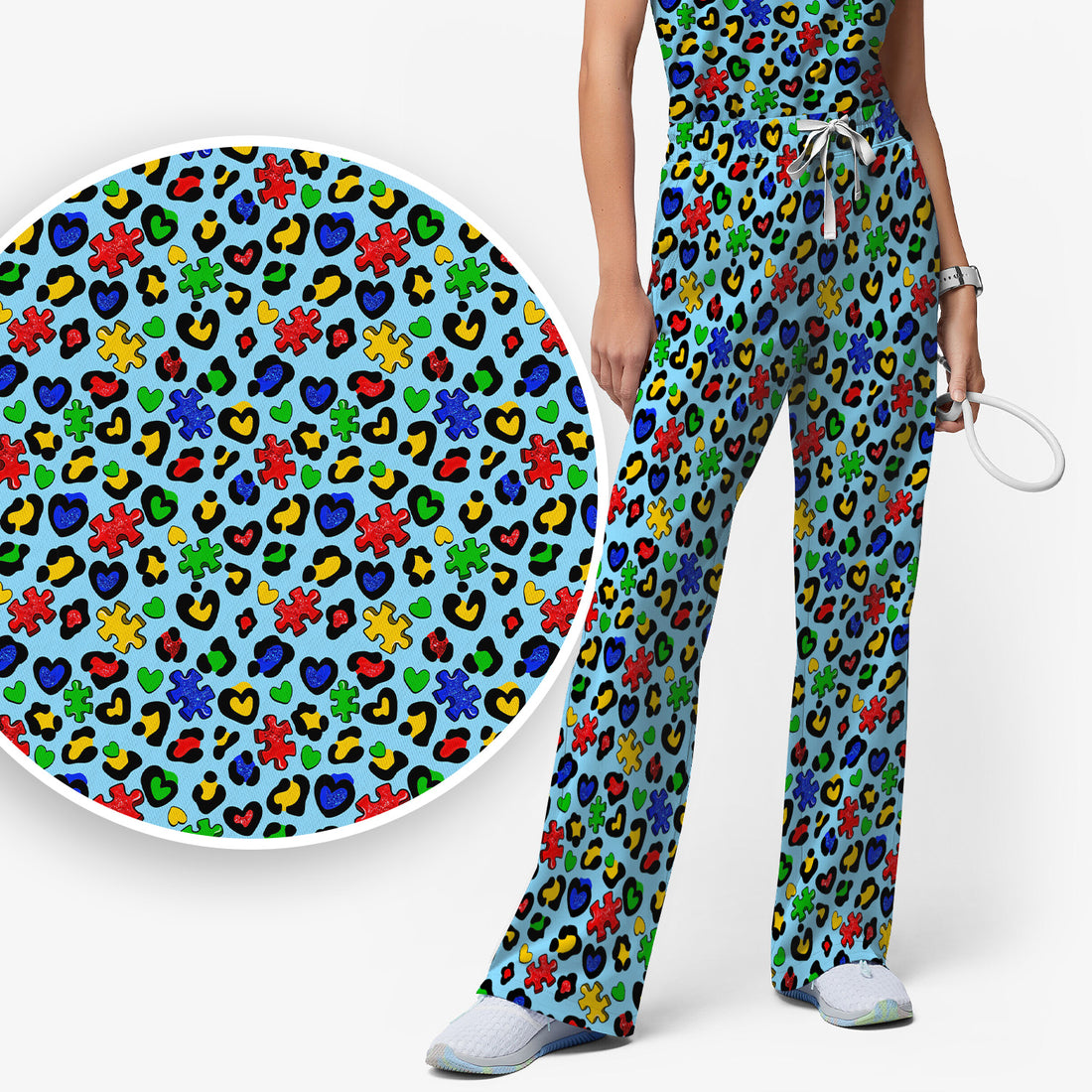 Puzzle Piece Heart Pattern Scrub Set, V Neck Top with Matching Scrub Pants