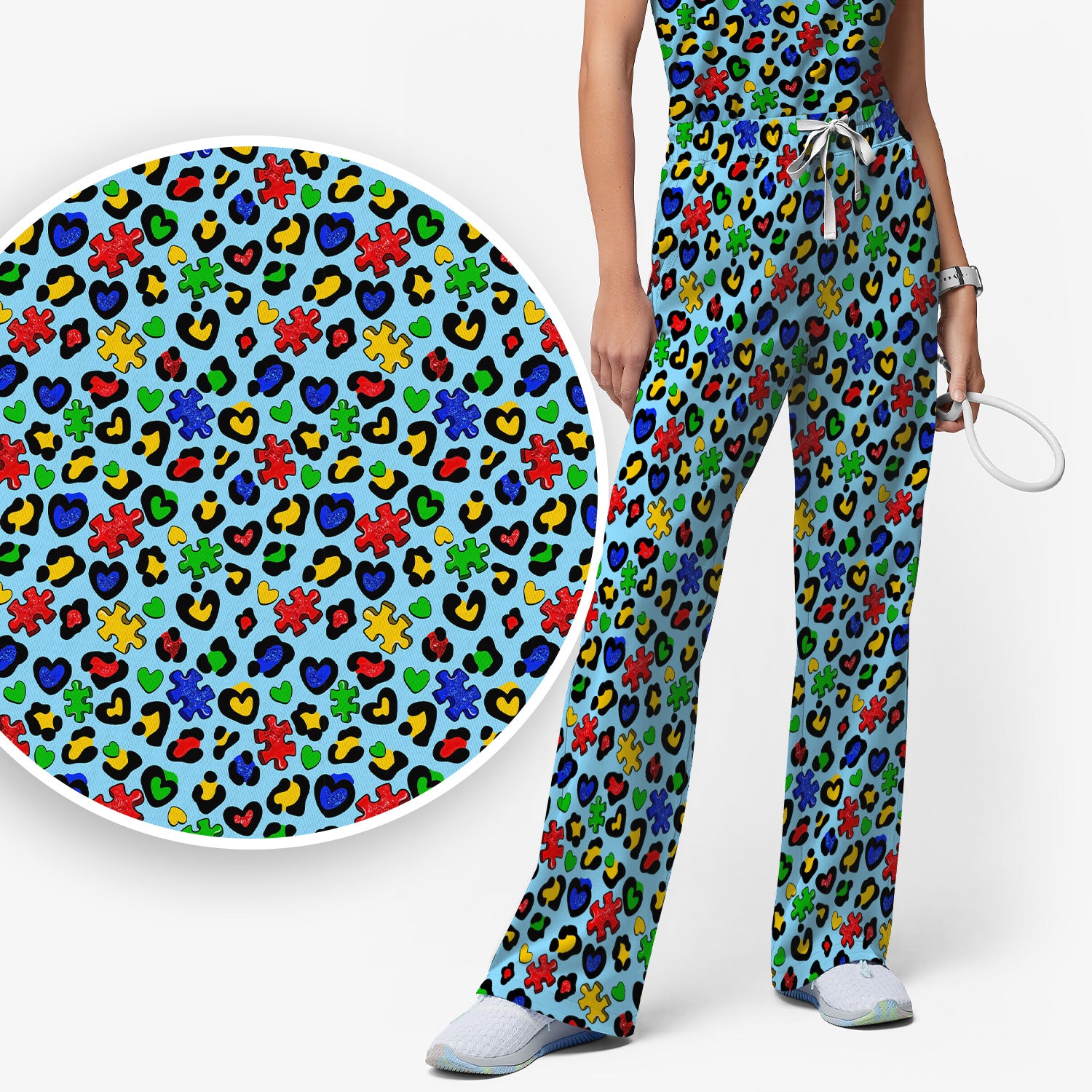 Puzzle Piece Heart Pattern Scrub Set, V Neck Top with Matching Scrub Pants