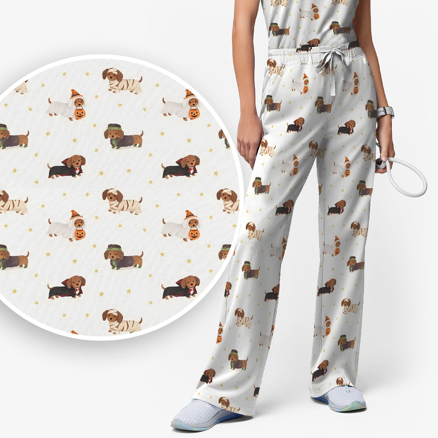 Halloween Dachshund Costumes Print Scrub Set, Scrub Pants and V Neck Top