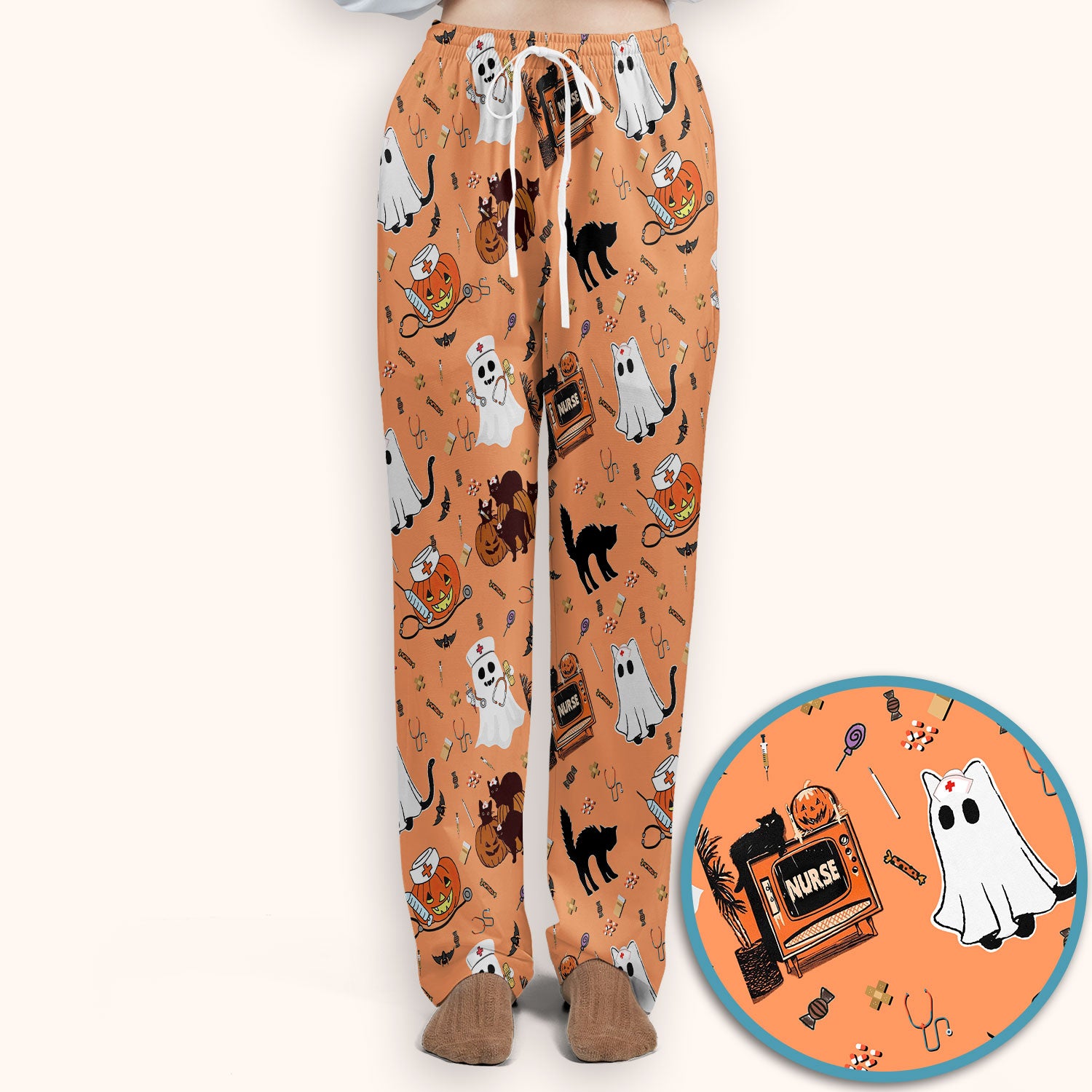Halloween Scrub Set for Nurse - Cute Pumpkin Ghost Cat Medical Pants and V Neck Top - Spooky Uniform for Women RN CNA LPN
