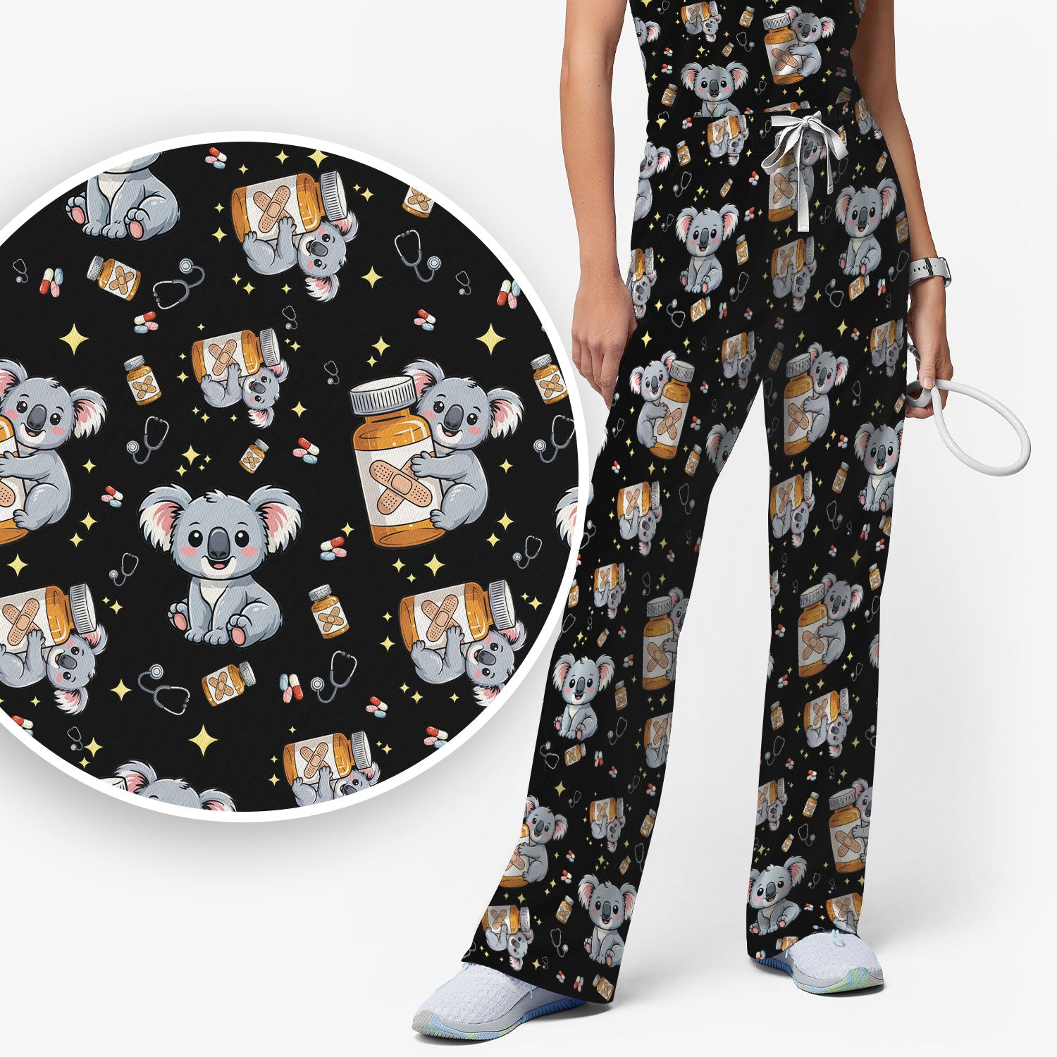 Cute Koala Nurse Bandage Medicine Print Scrub Set, Breathable Med Uniform
