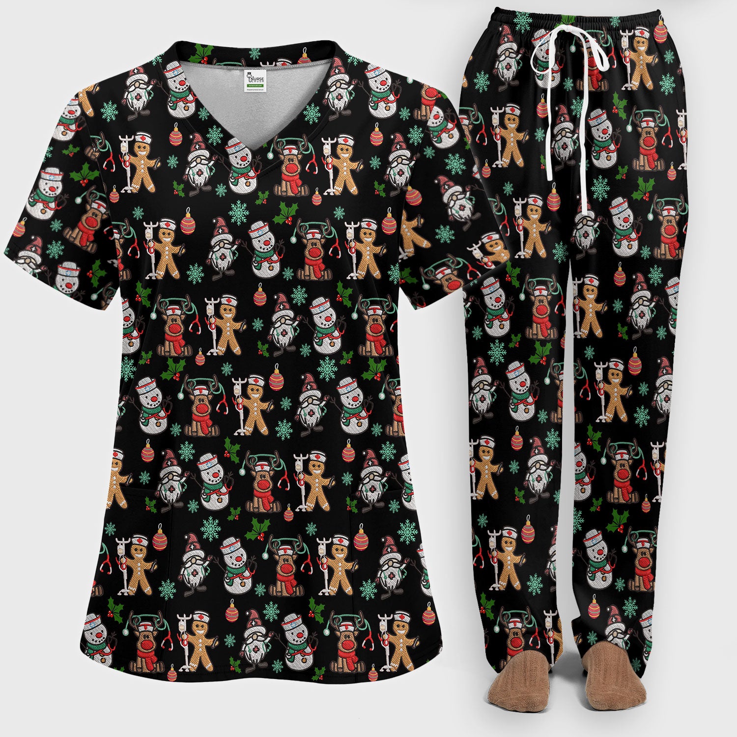 Christmas Gingerbread Scrubs Set for Women - Comfortable Scrubs for Nurses - Reindeer Santa Pants and V Neck Top