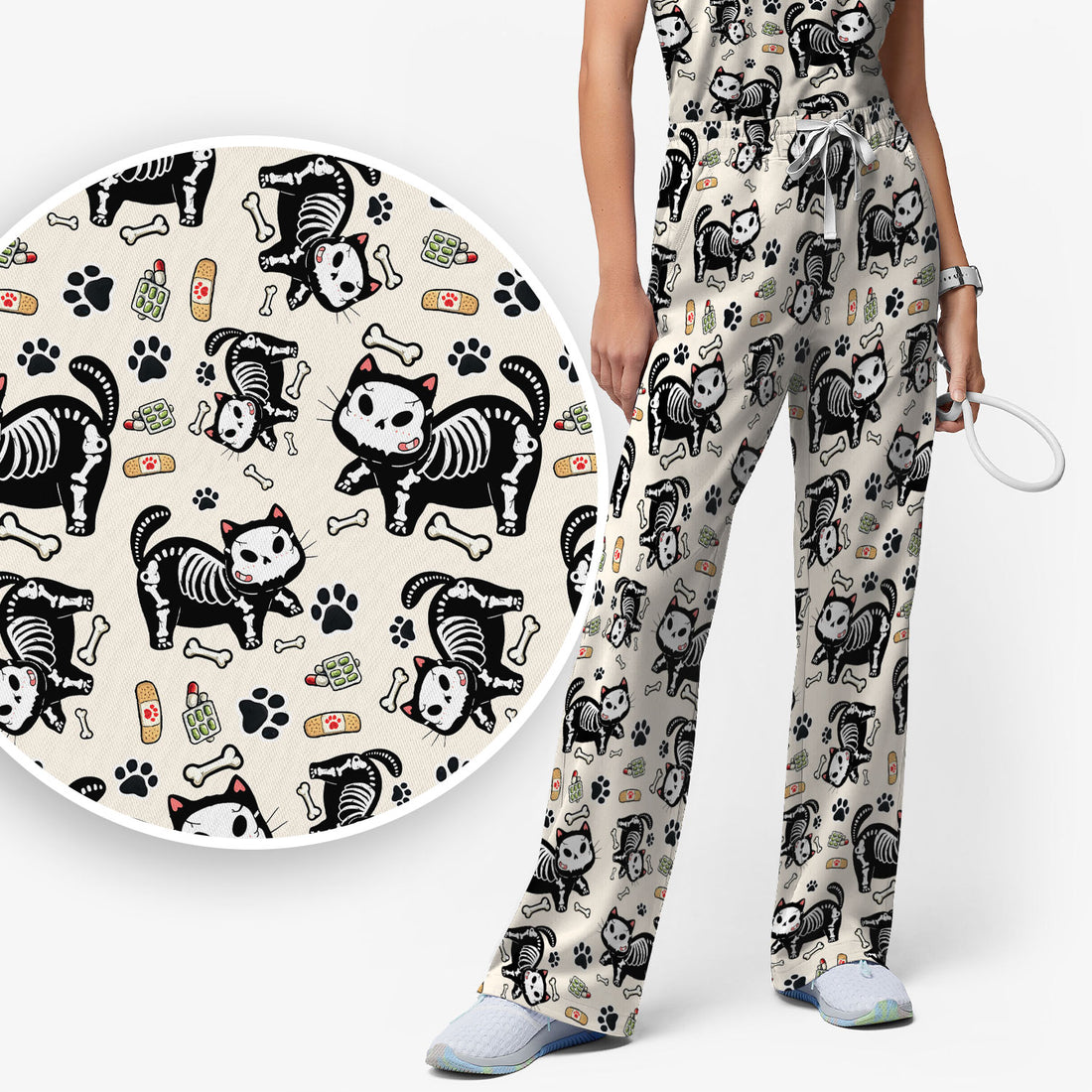 Skeleton Cat Medical Pattern Scrub Set, Scrub Pants and V Neck Top