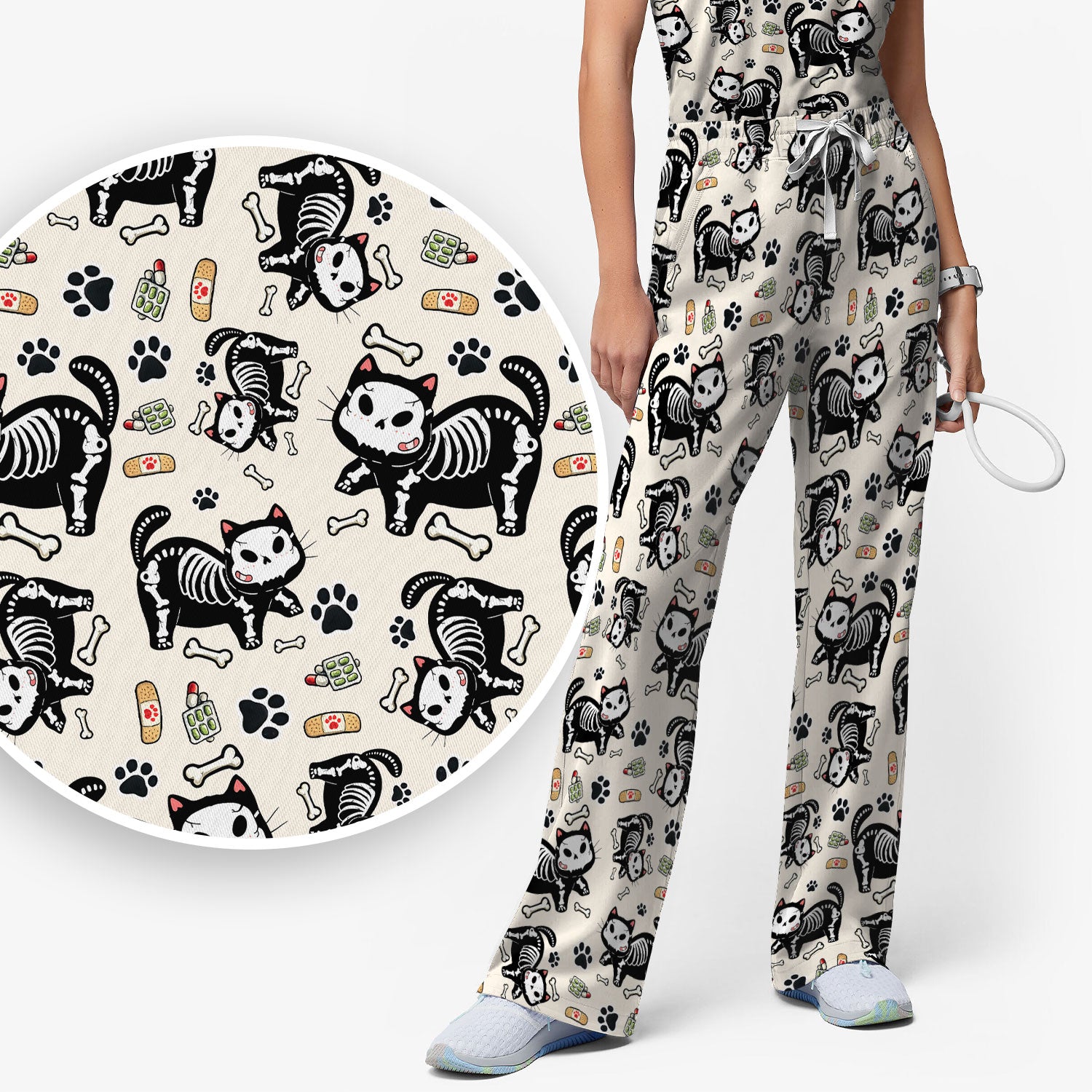 Skeleton Cat Medical Pattern Scrub Set, Scrub Pants and V Neck Top