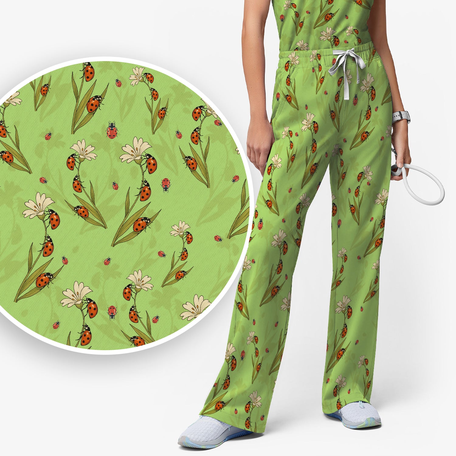 Fresh Daisy Ladybug Garden Pattern Scrub Set, Nurse Uniform Scrubs Set