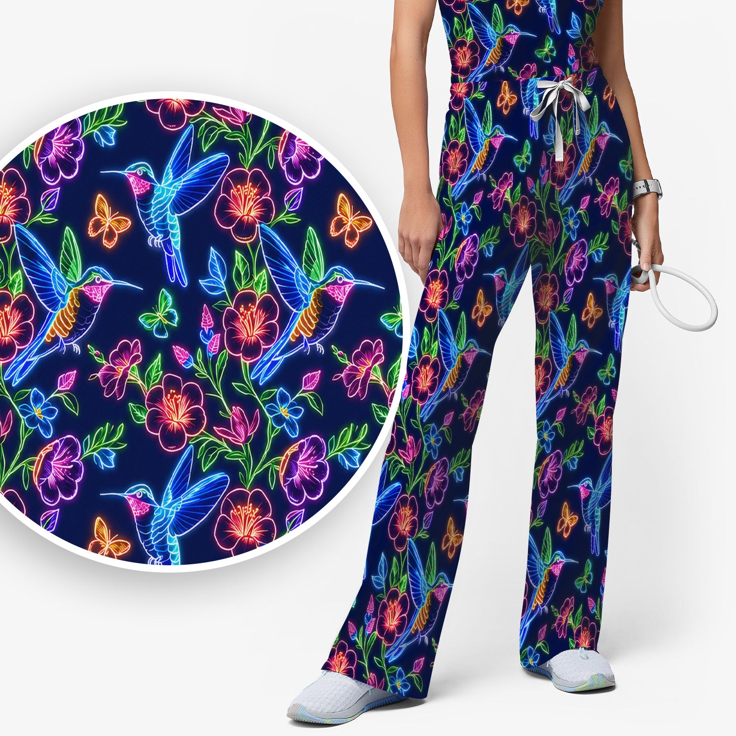 Neon Hummingbird Floral Garden Pattern Scrub Set, Scrub Pants and V Neck Top