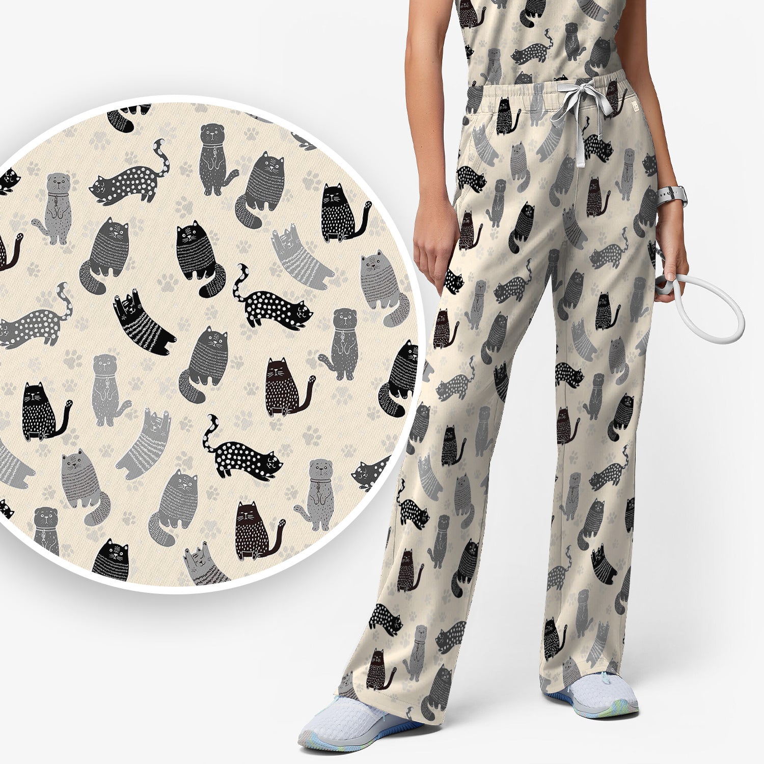 Cute Cat and Paw Print Pattern Scrub Set, Breathable Med Uniform