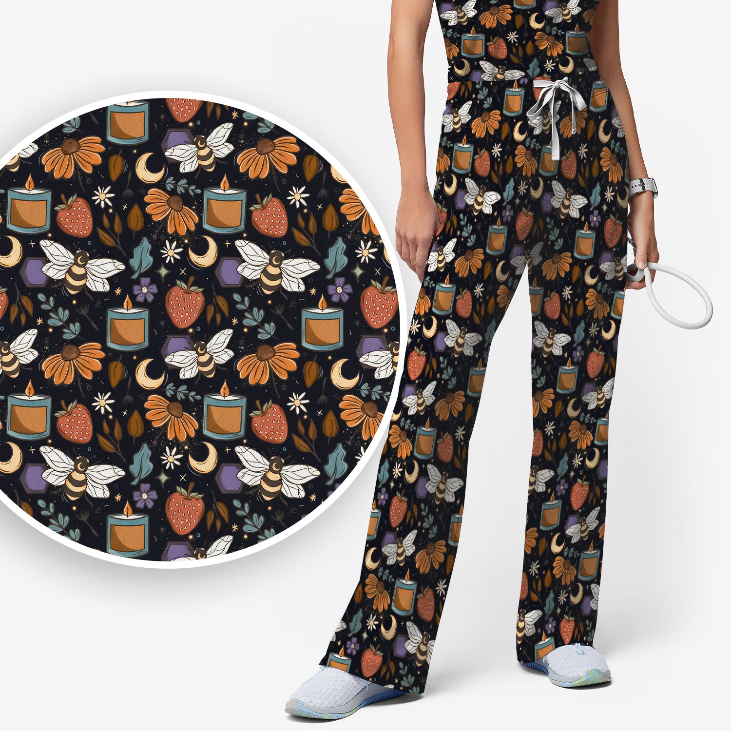 Bee Strawberry Floral Candle Pattern Scrub Set, Scrub Pants and V Neck Top