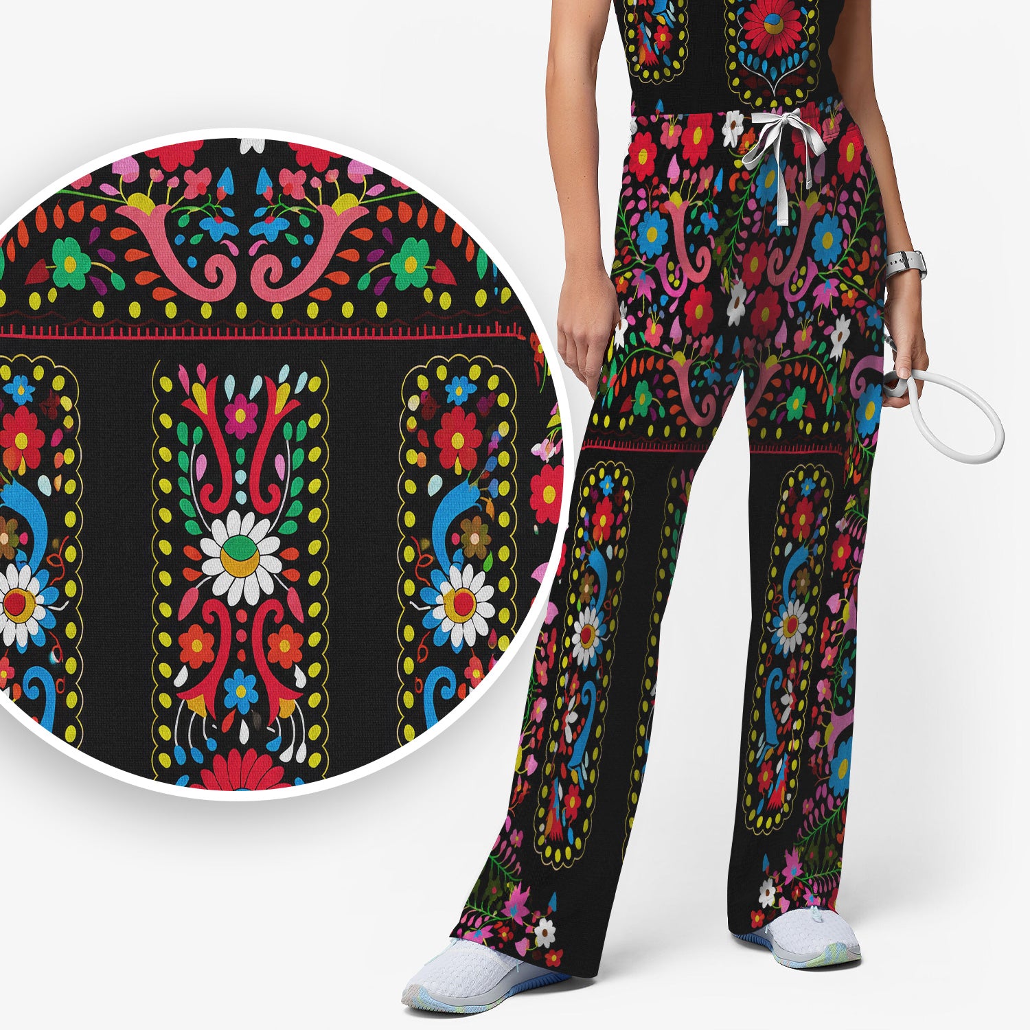 Colorful Folk Art Floral Pattern Scrub Set, Scrub Pants and V Neck Top