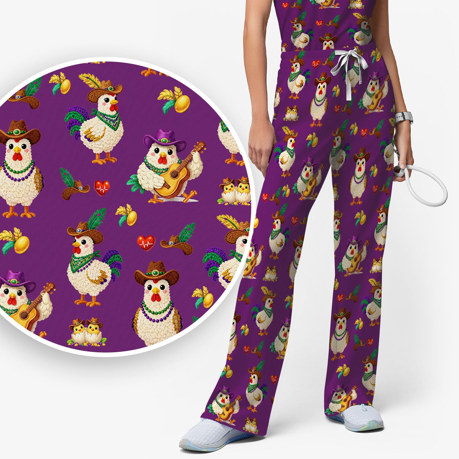 Funny Mardi Gras Rooster Cowboy Print Set, Women's Scrub Sets
