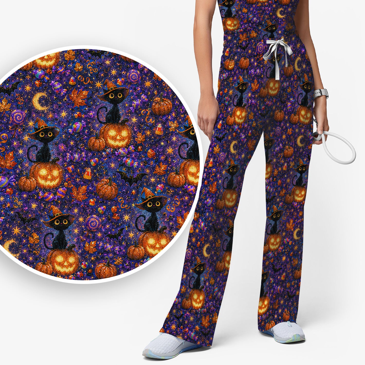 Mystical Halloween Witch Cat Scrub Set, Scrub Pants and V Neck Top